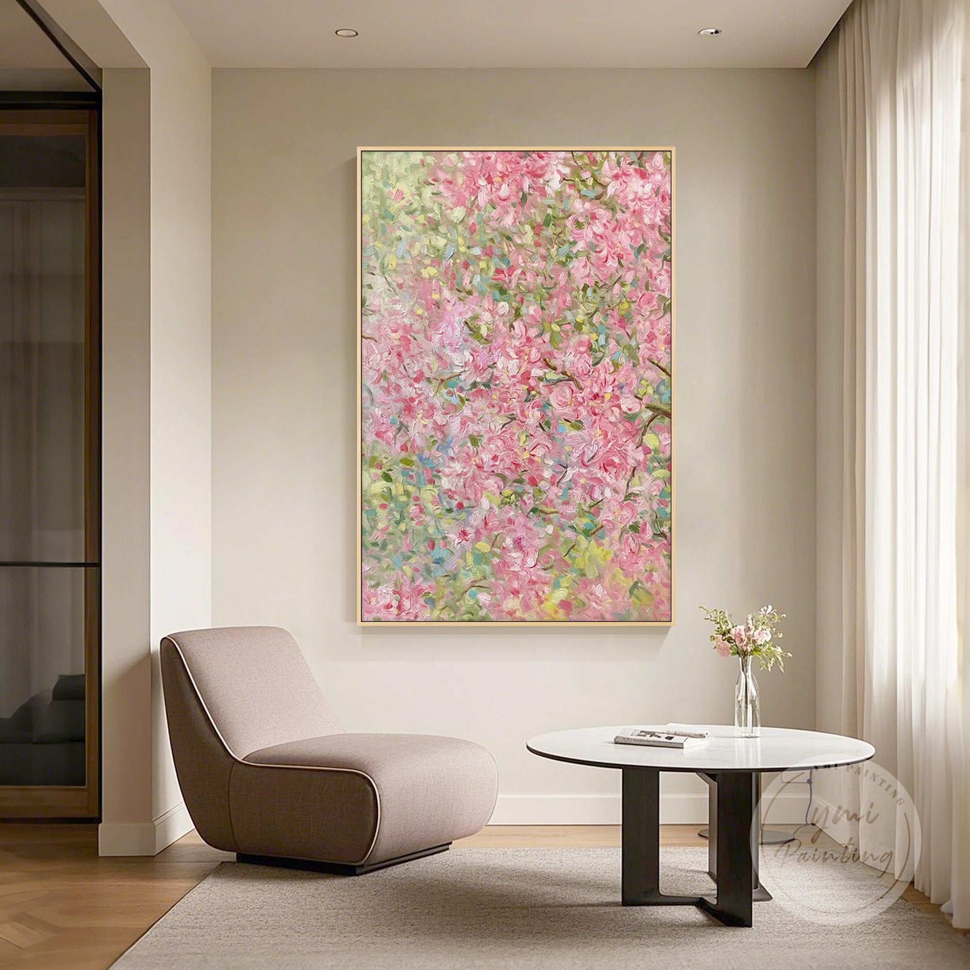 Pink and green floral oil painting, a vibrant spring blossom artwork with rich textures and soft brushstrokes.