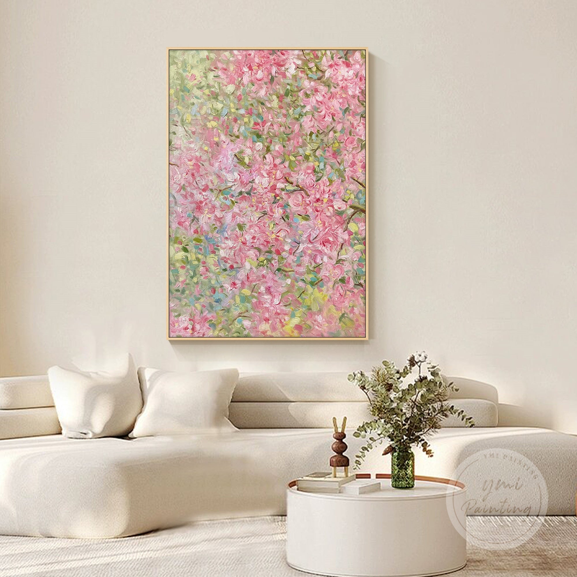 Romantic spring floral wall art with soft greens and pink blossoms, perfect for creating a serene atmosphere.