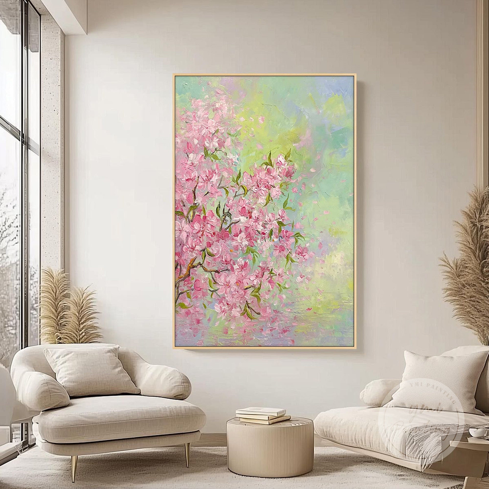 Large pink blossom textured art, hand-painted on canvas with soft pastel green and pink tones, perfect for spring floral decor.