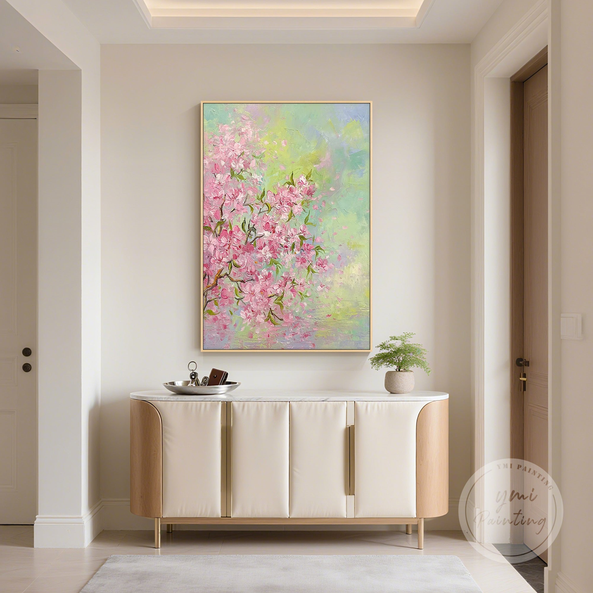 Impressionist floral painting featuring delicate pink blossoms and light green leaves, adding elegance to any room.