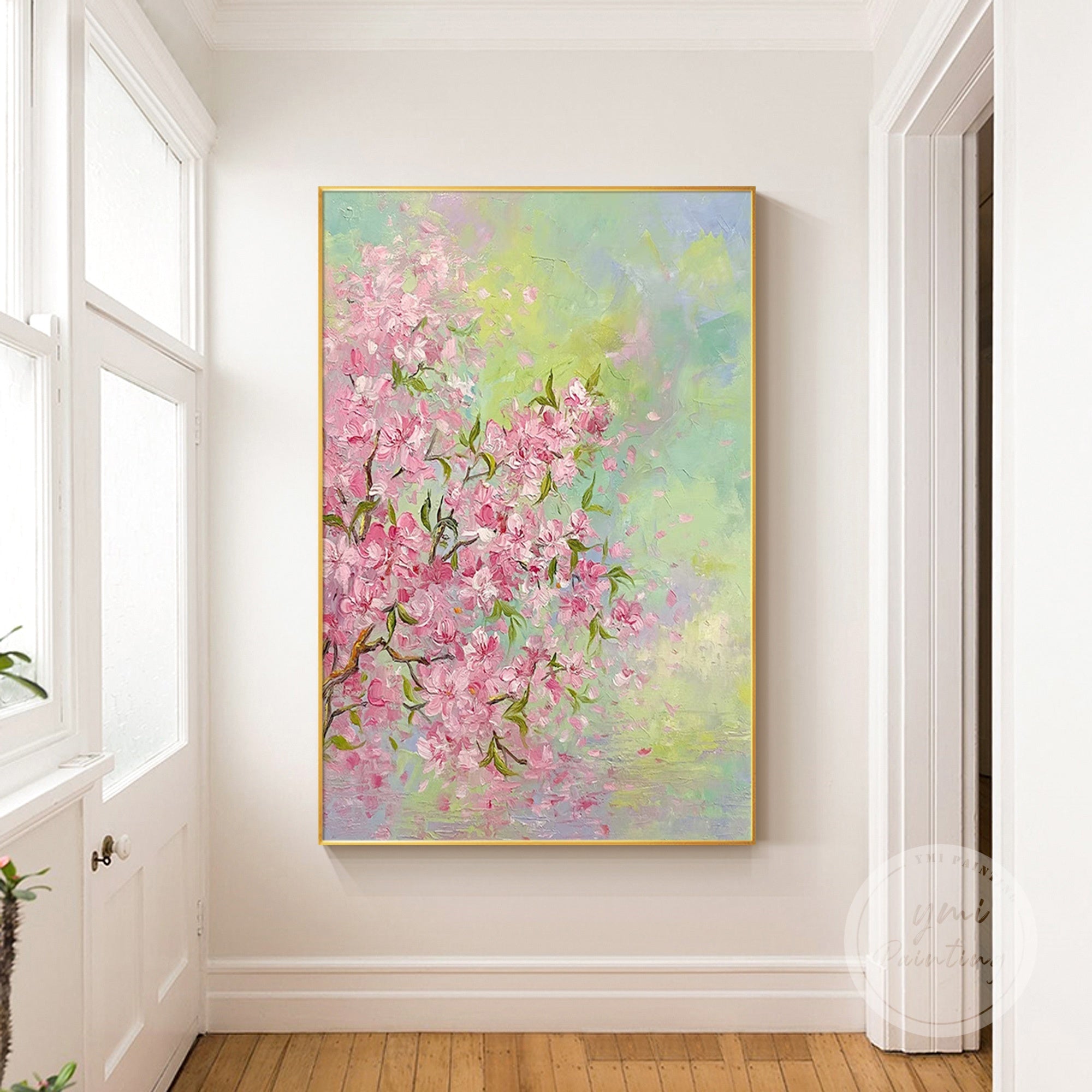 Large pink blossom floral oil painting, bringing a fresh and romantic atmosphere to your home or office.