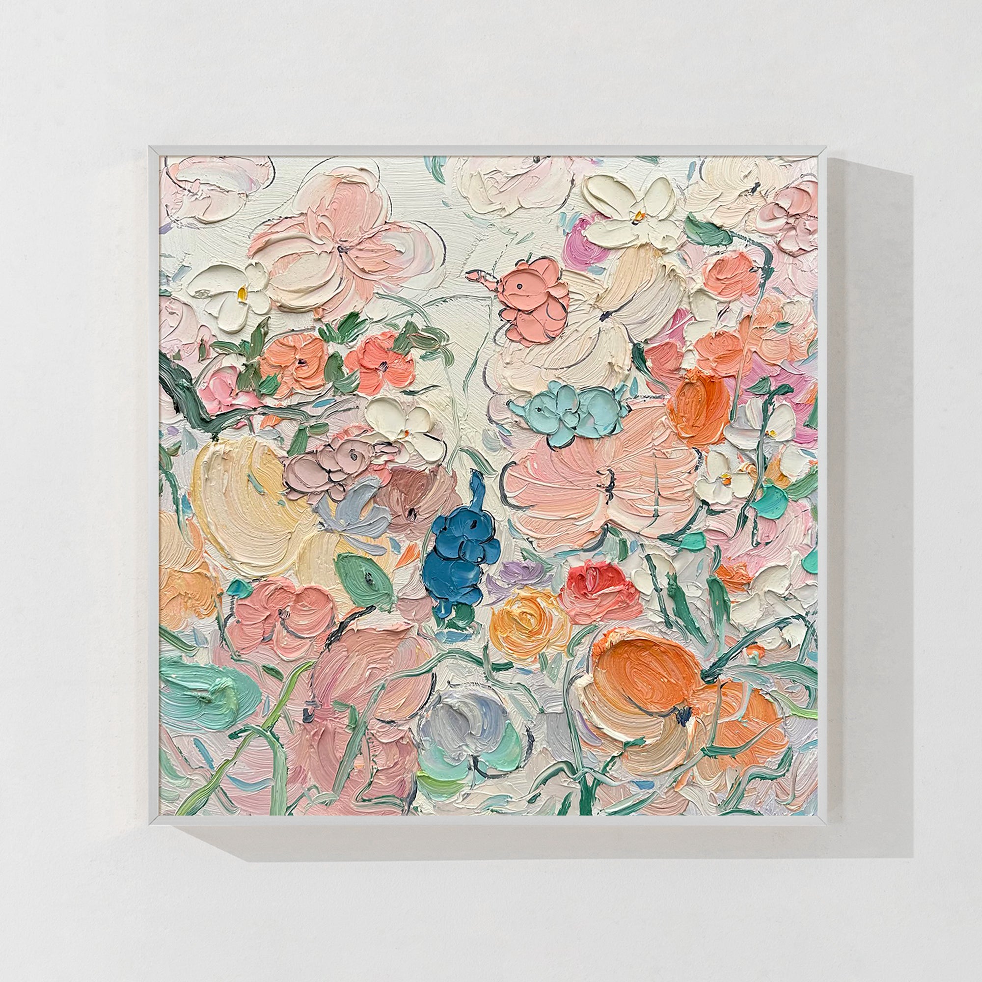 Abstract flower artwork in soft pink and green tones, hand-painted on canvas.