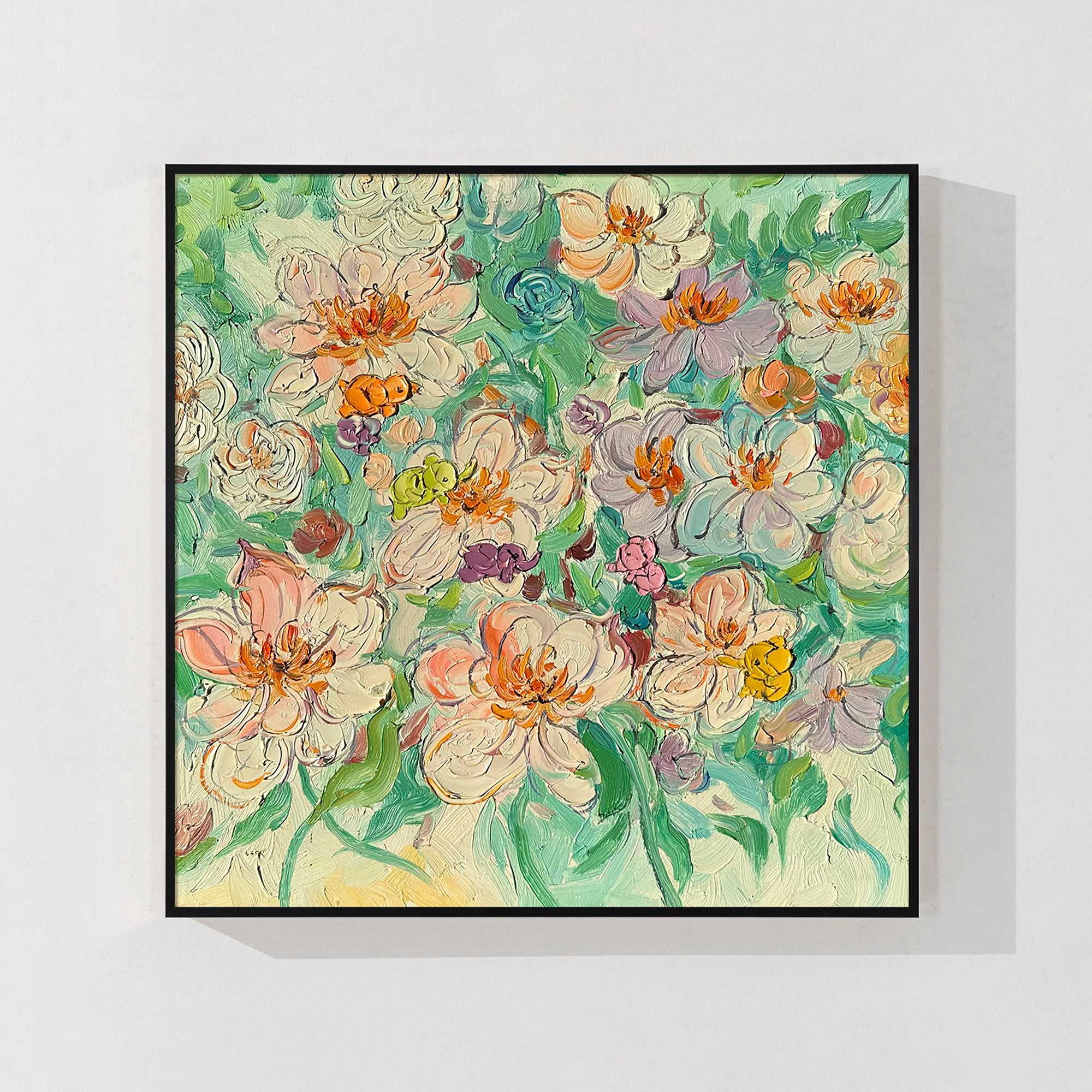Large abstract flower artwork in pink and green, hand-painted on canvas.