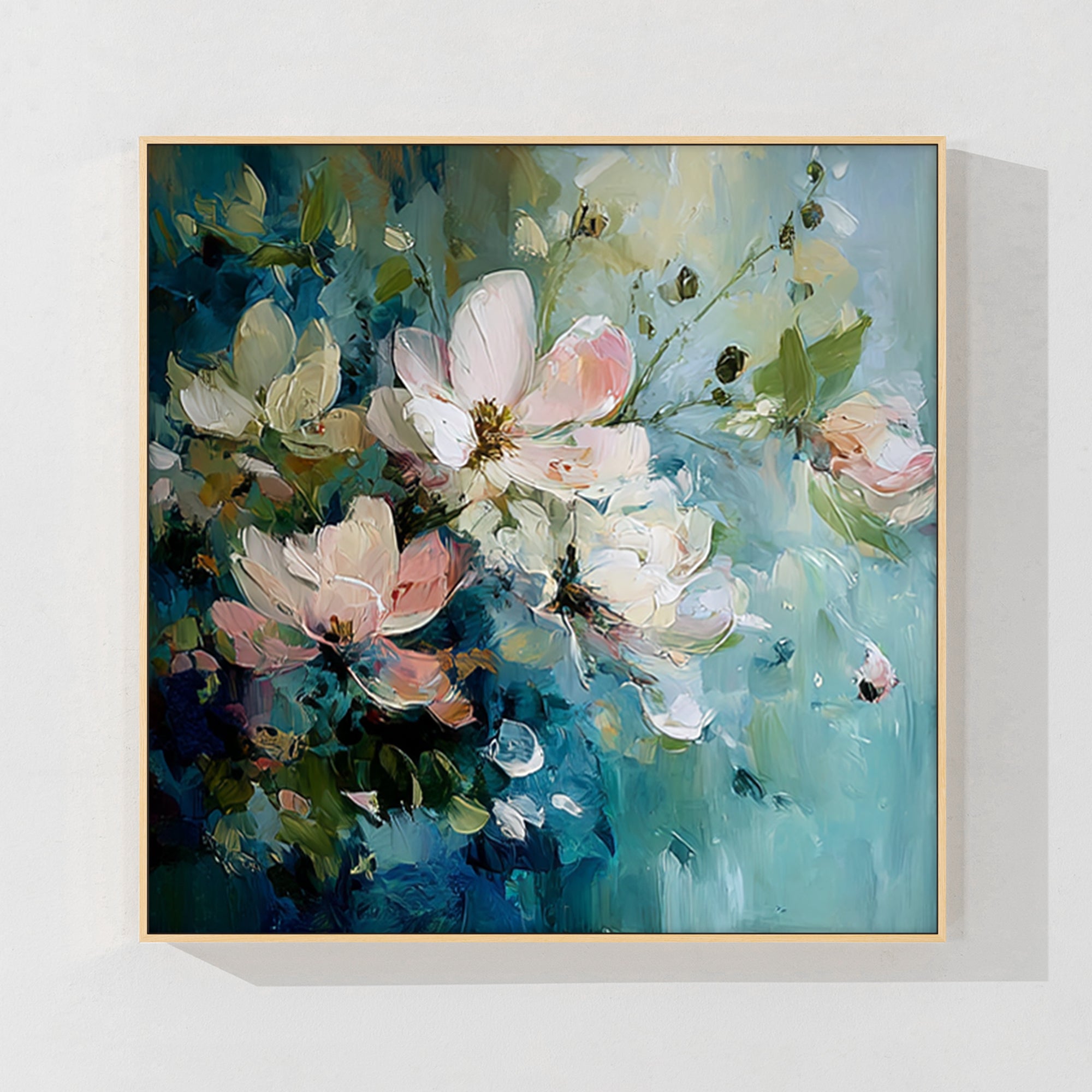 Blue and pink floral painting on canvas, original hand-painted artwork for modern interiors.
