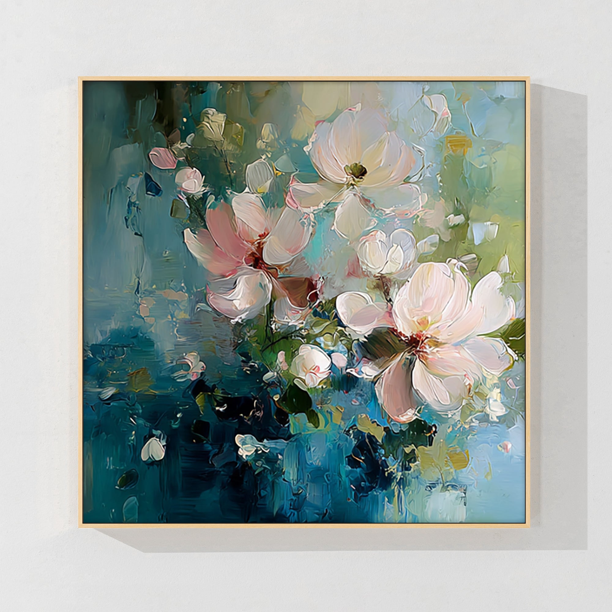 Large blue and pink floral painting, original hand-painted artwork for modern home decor.
