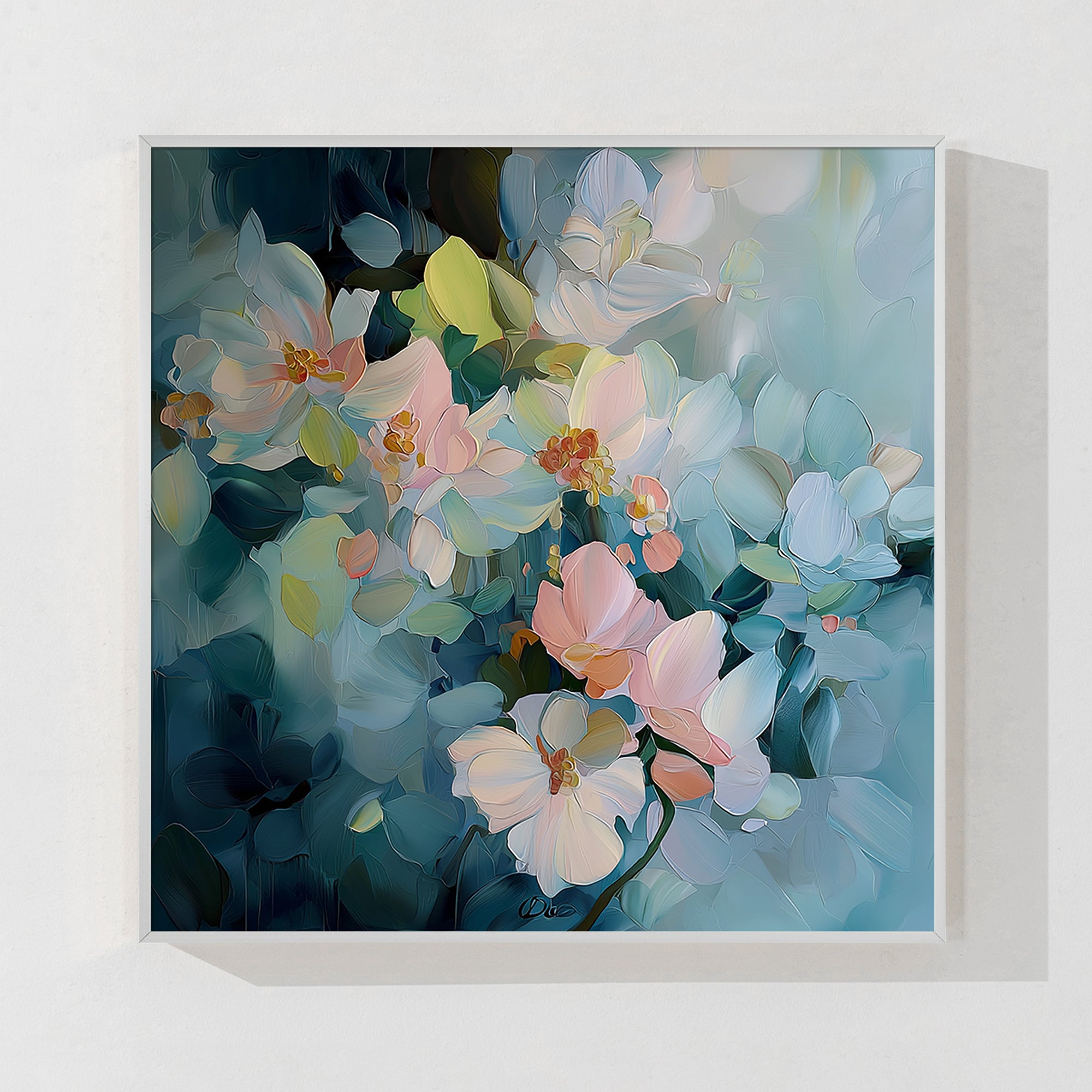 Soft blue and pink flower painting, ideal for enhancing bedroom or living room décor.
