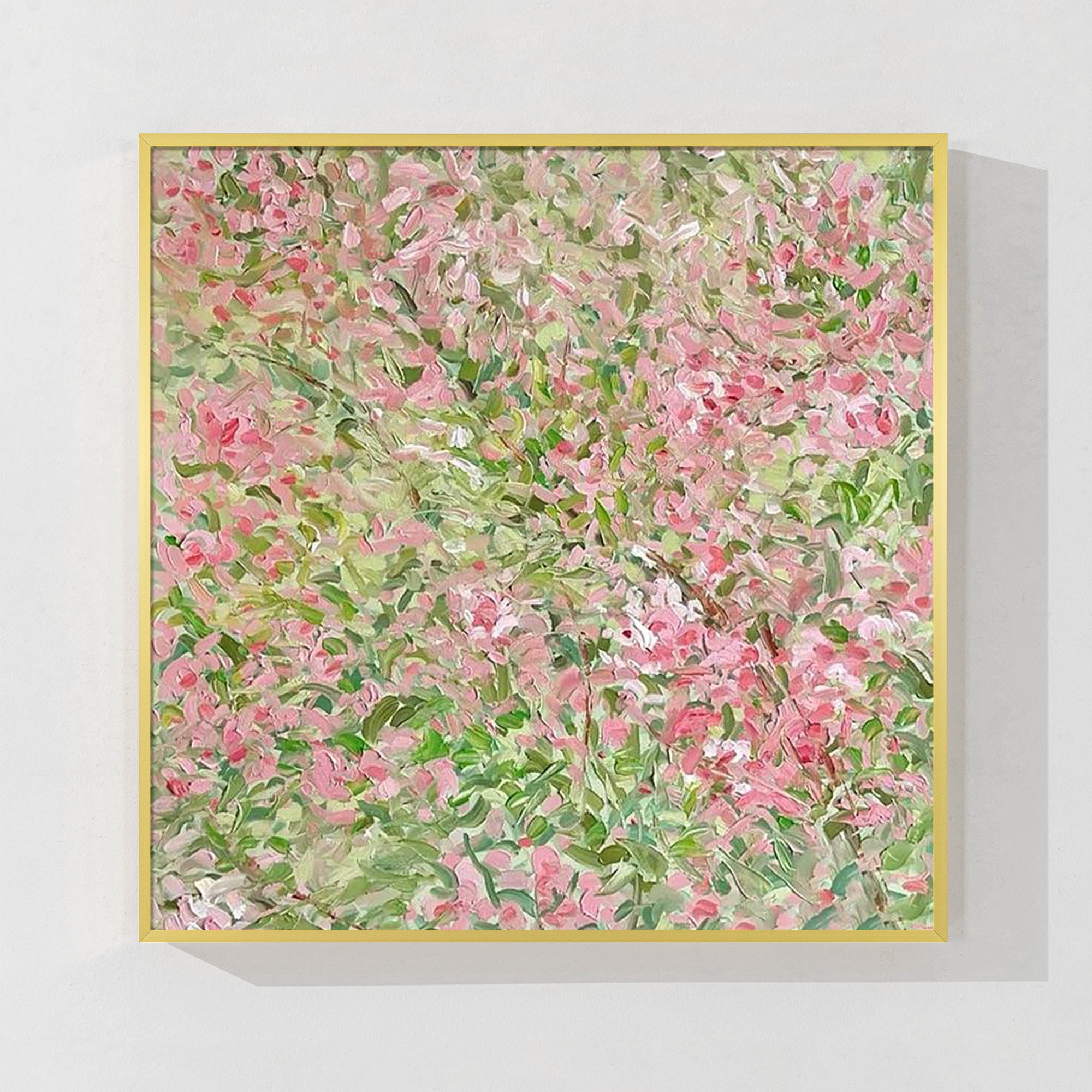 Oil Painting of Pink Flowers on White Canvas in silver frame.