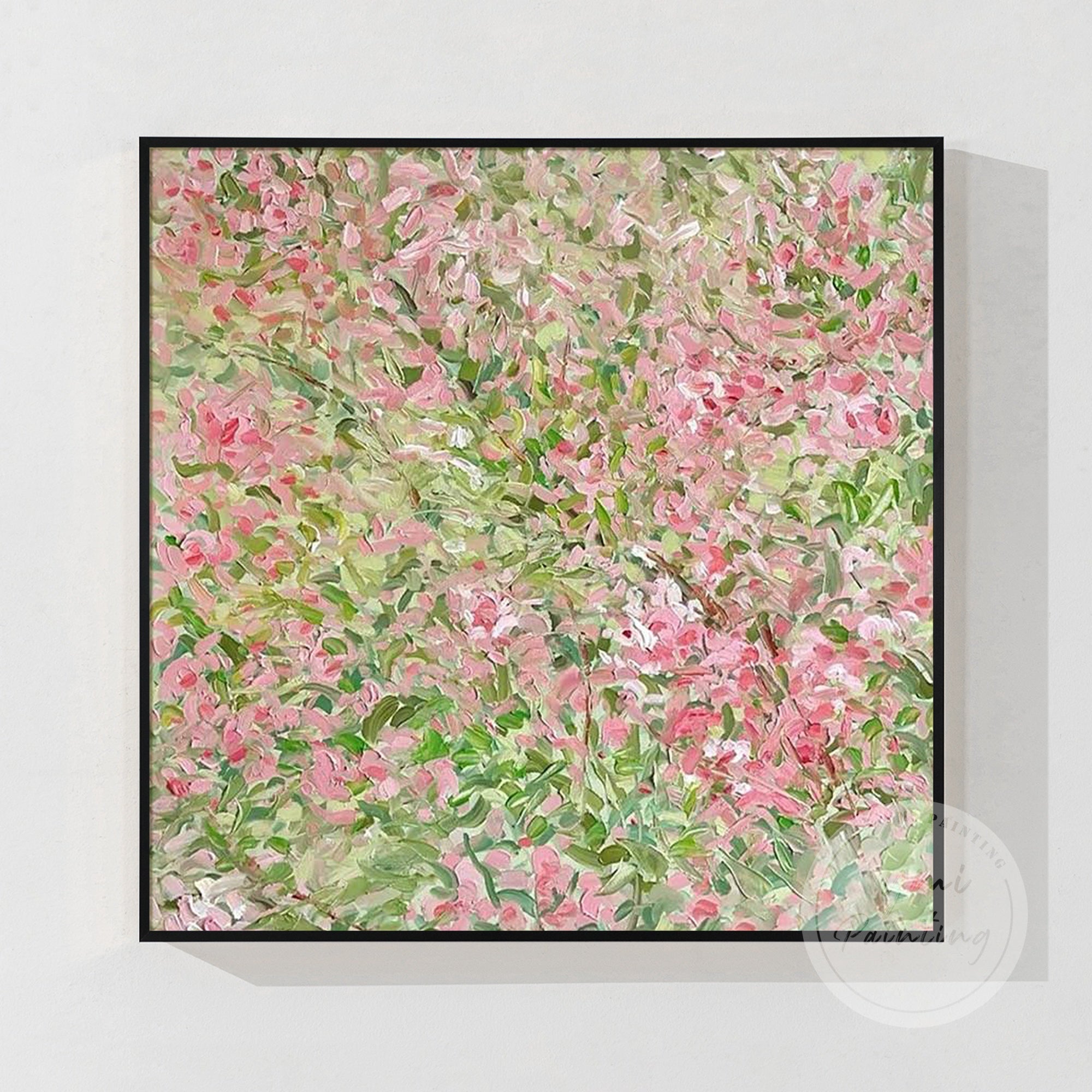 Vibrant oil painting of pink blossoms and green foliage with bold, expressive brushstrokes decorating a sunny and elegant living room.