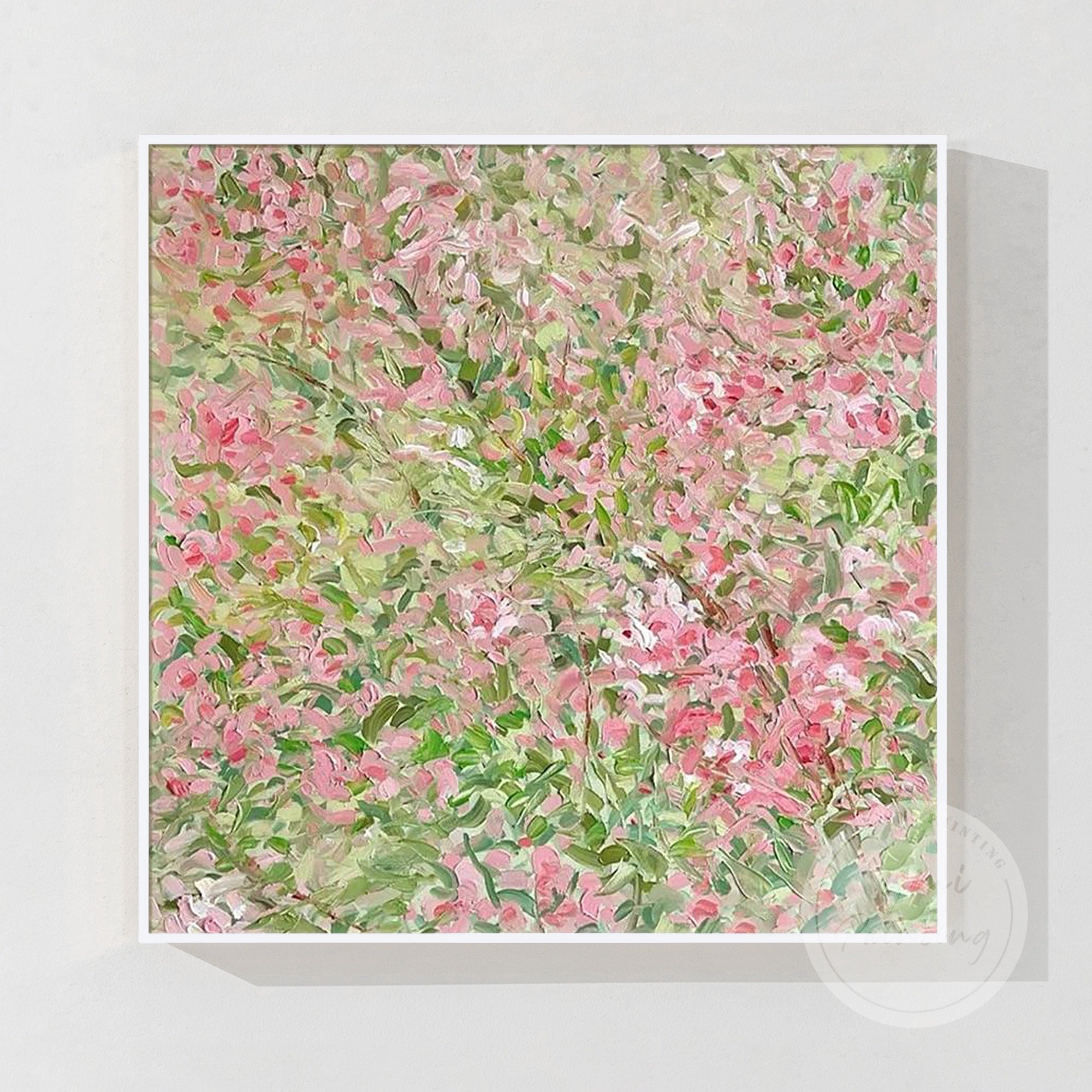 Oil Painting of Pink Flowers on White Canvas in silver frame.