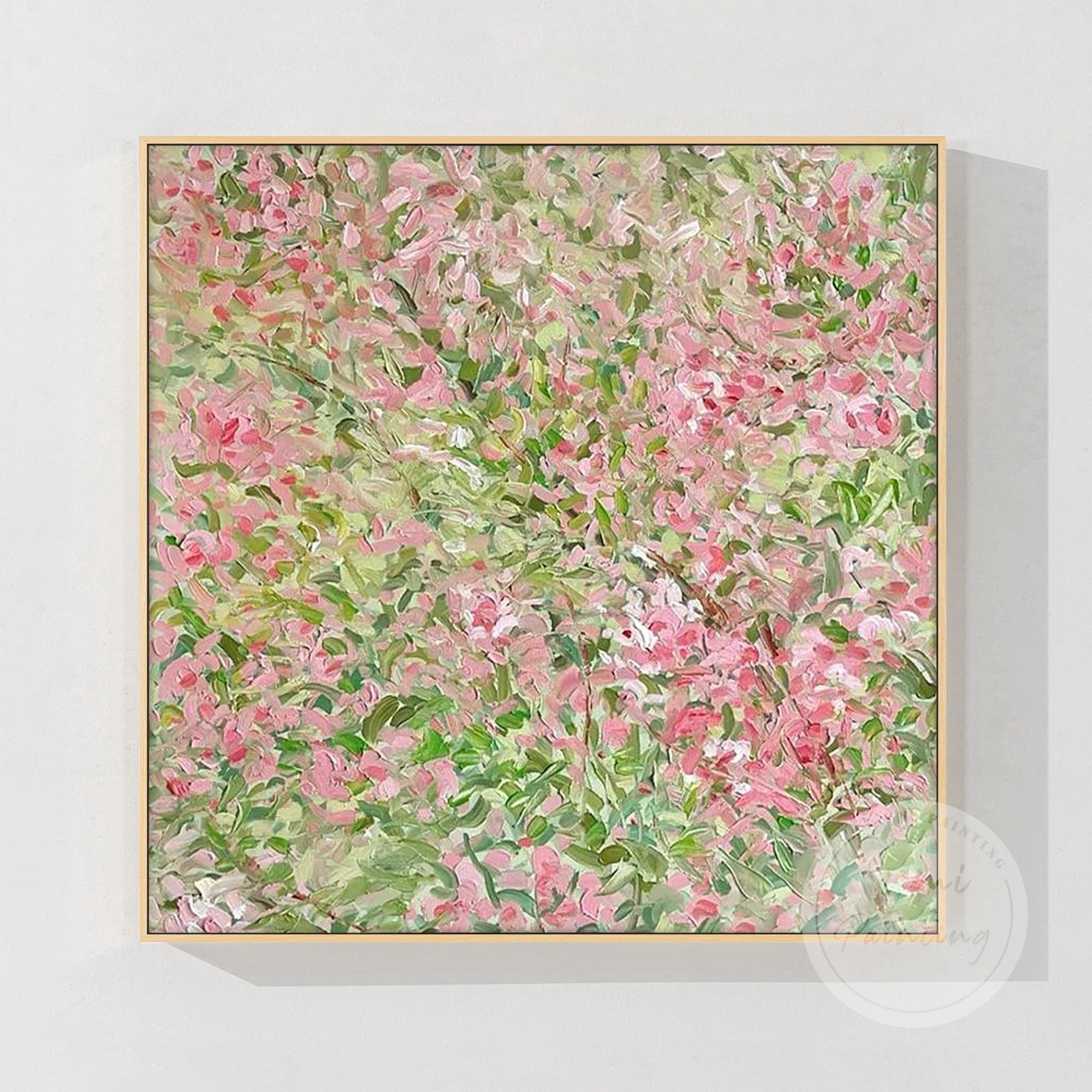 Square Floral Painting with Pink Blossoms and Green Leaves in wood color frame.