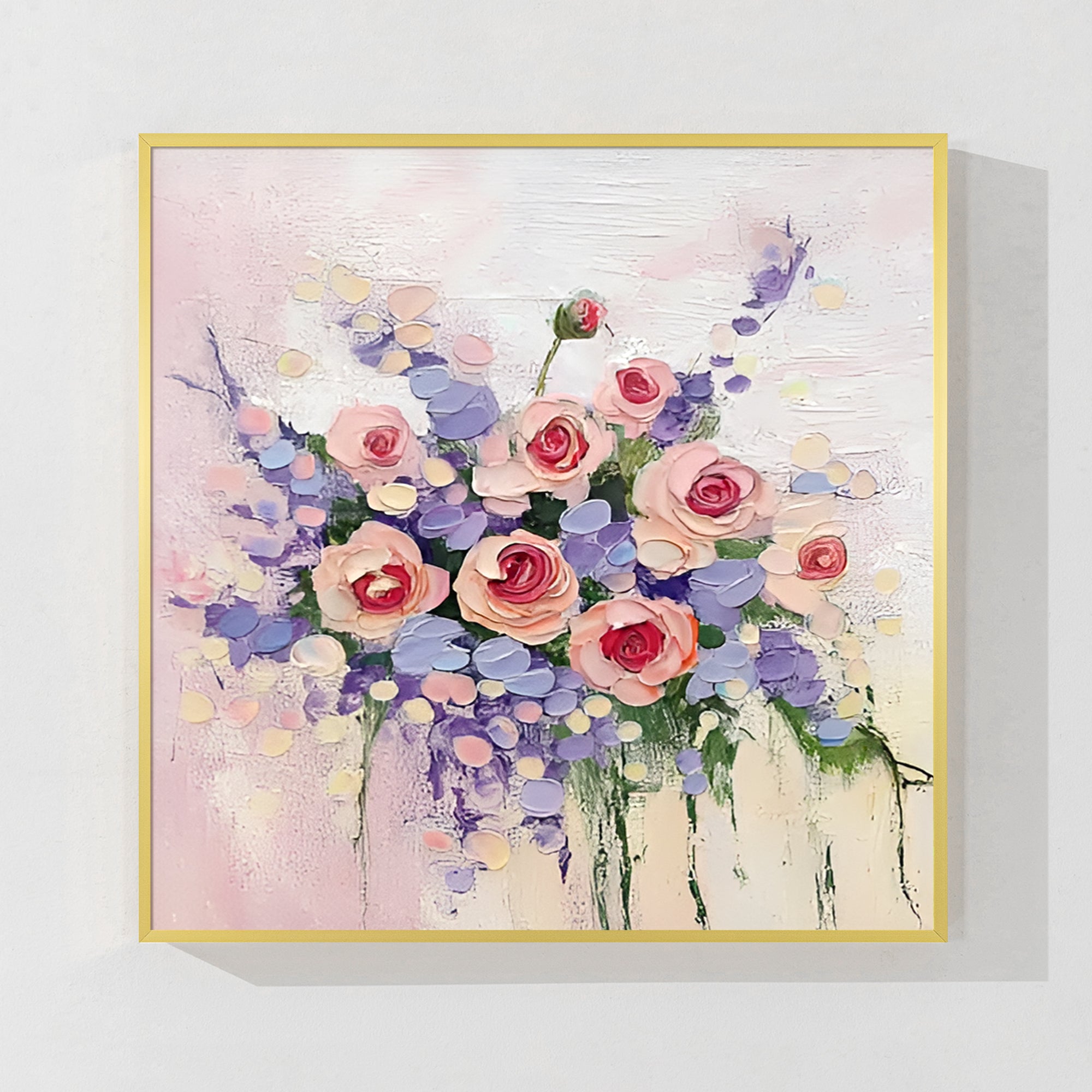 Soft pink, purple, and white floral bouquet abstract painting in a villa at seashore