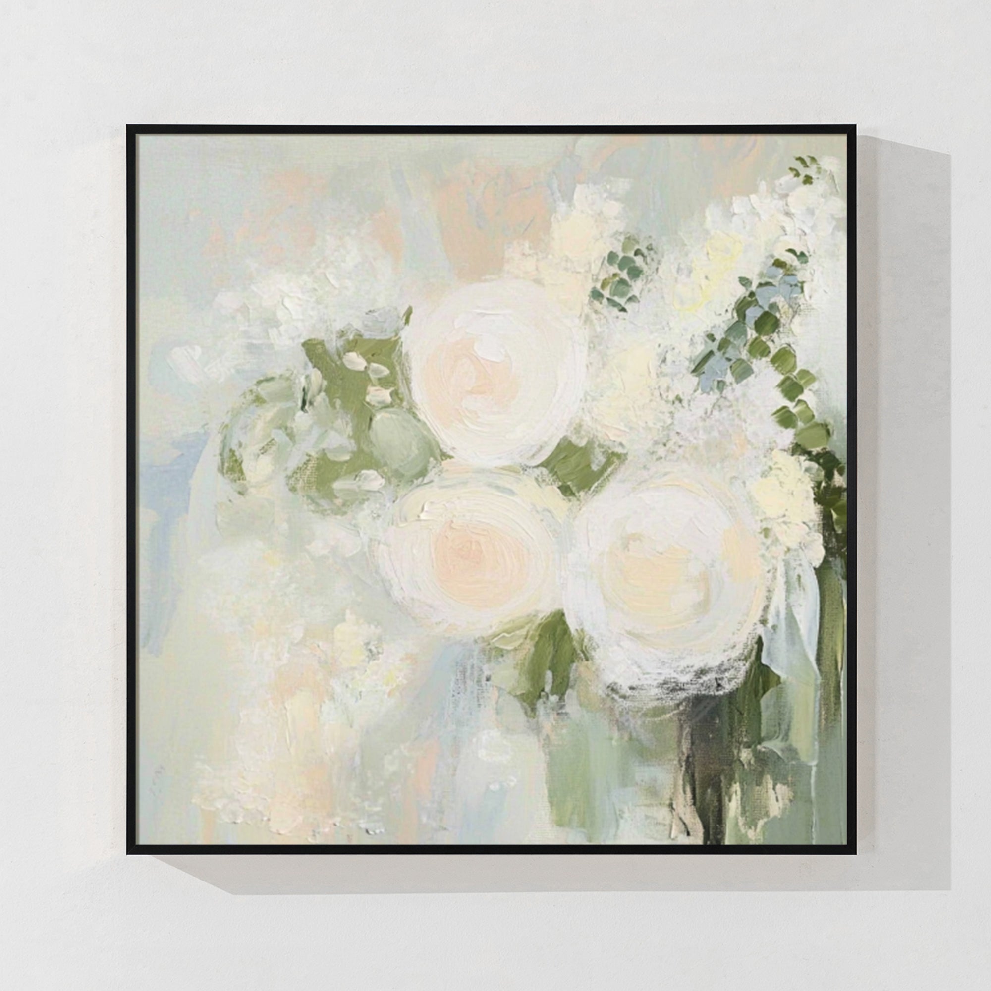 Delicate roses and green leaves in soft pastel hues, hand-painted for a serene and calming decor piece.