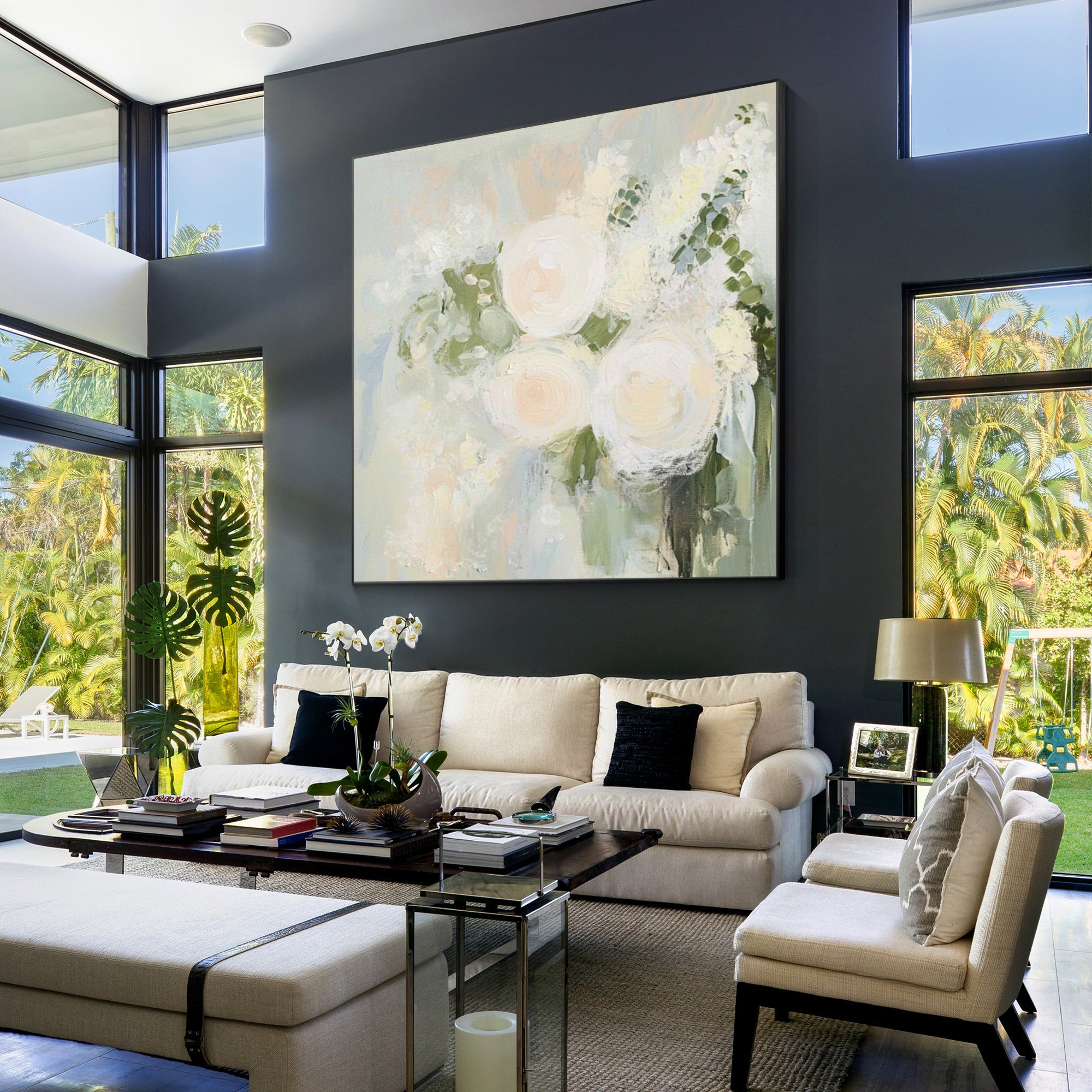 Expressive floral painting in pastel tones, featuring soft pink roses and gentle brushstroke textures.
