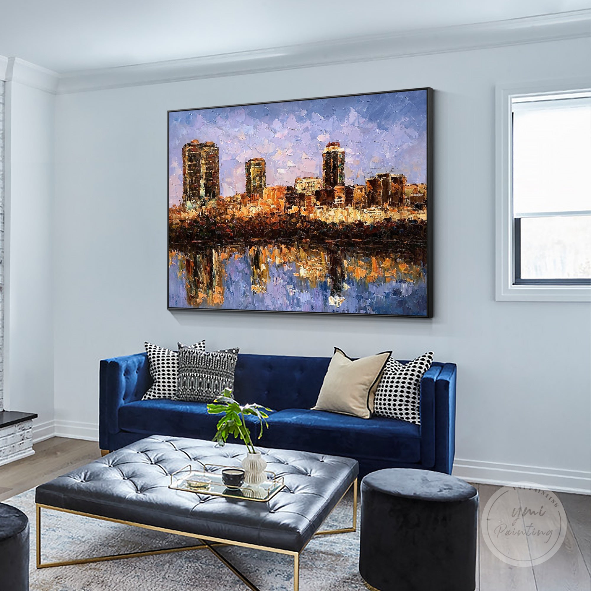 Original oil painting of Fort Worth cityscape with expressive palette knife strokes and rich colors.