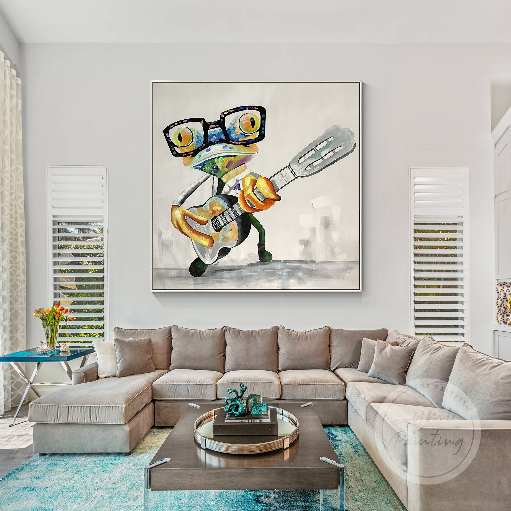 Whimsical frog artwork with oversized glasses and eyelashes