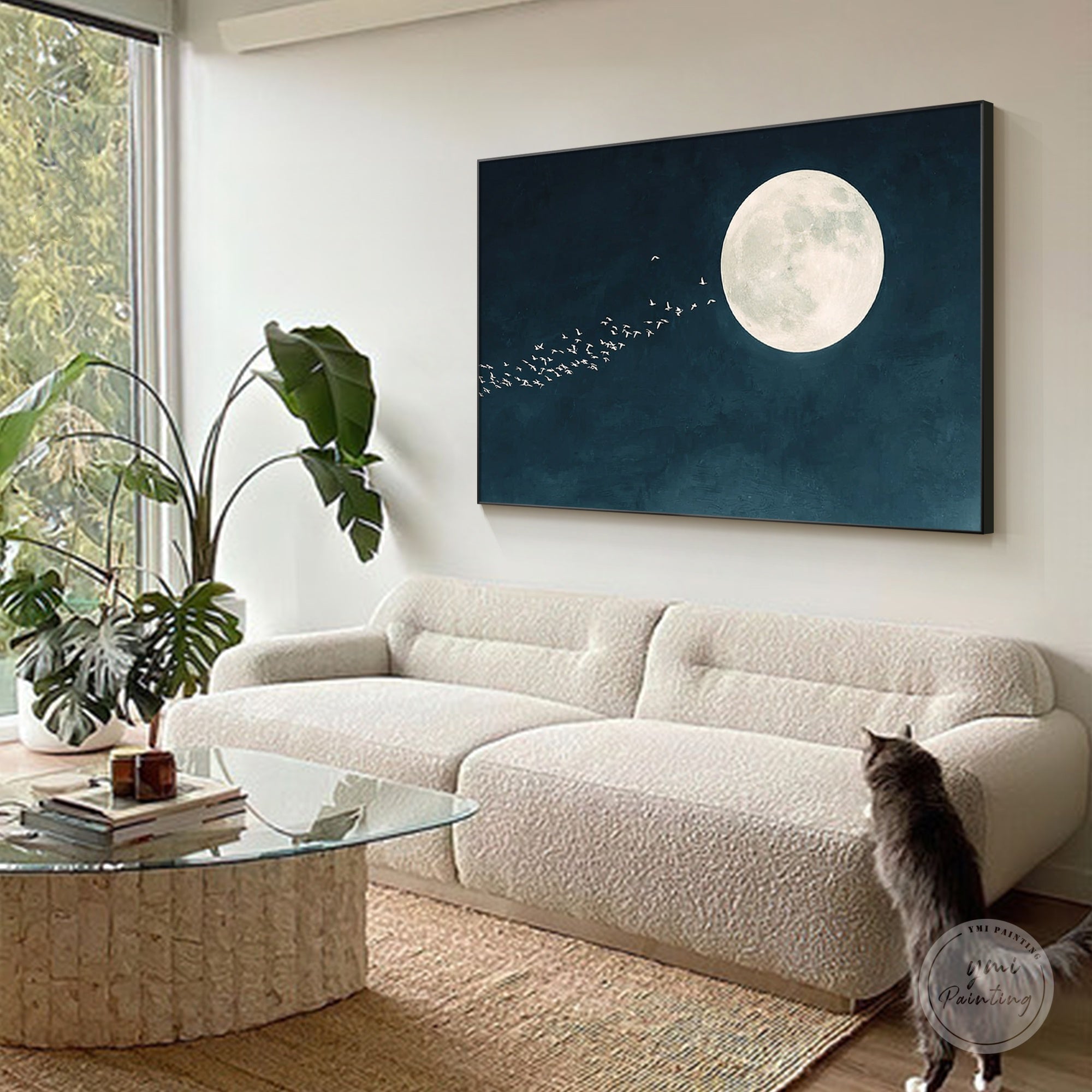 Elegant lunar artwork with flock of birds crossing the night sky
