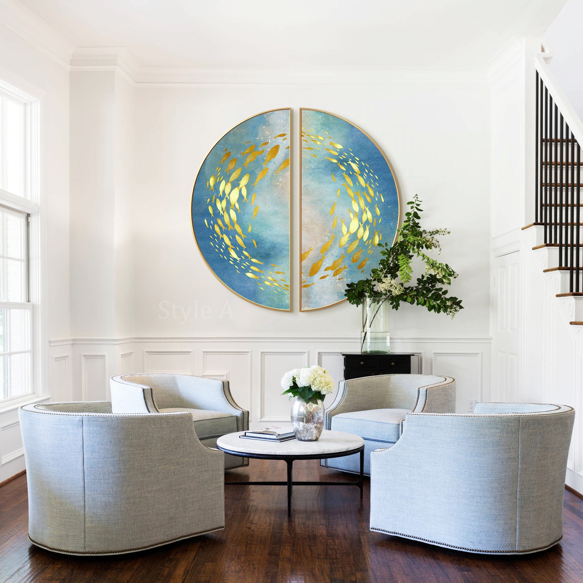 Set of 2 galaxy gradient wall art with gold fish arranged in a circle