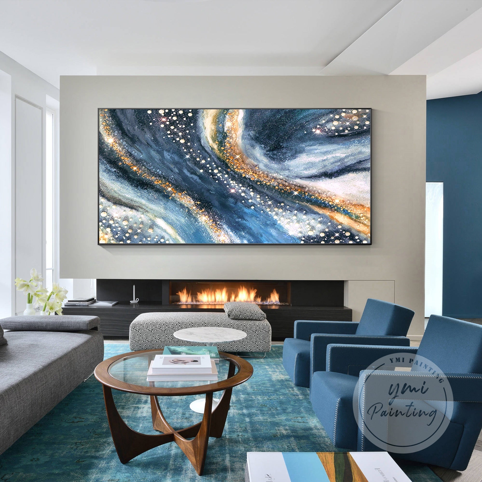 Celestial abstract geode art with resin and crystals