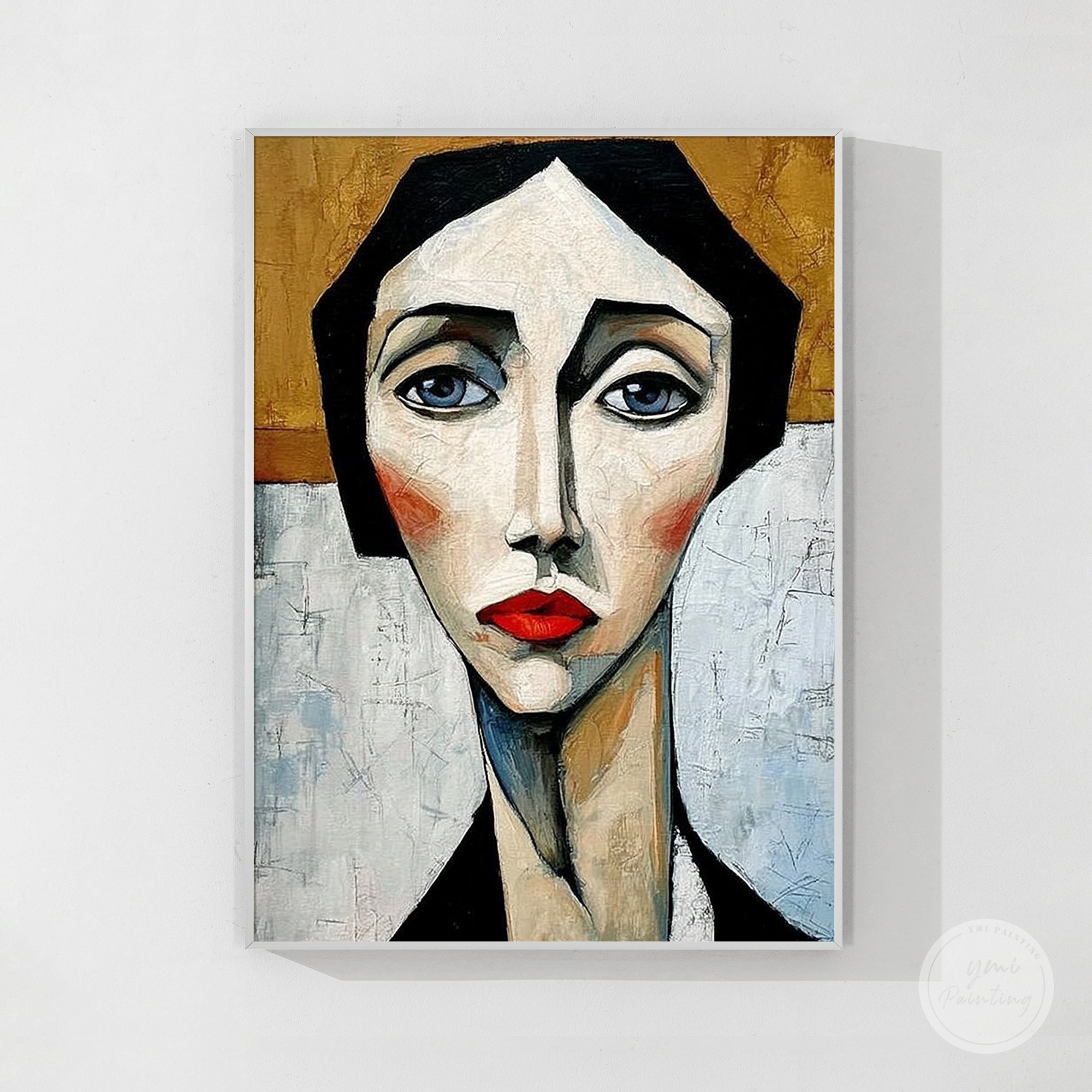 Bold modern portrait painting in a dining room setting