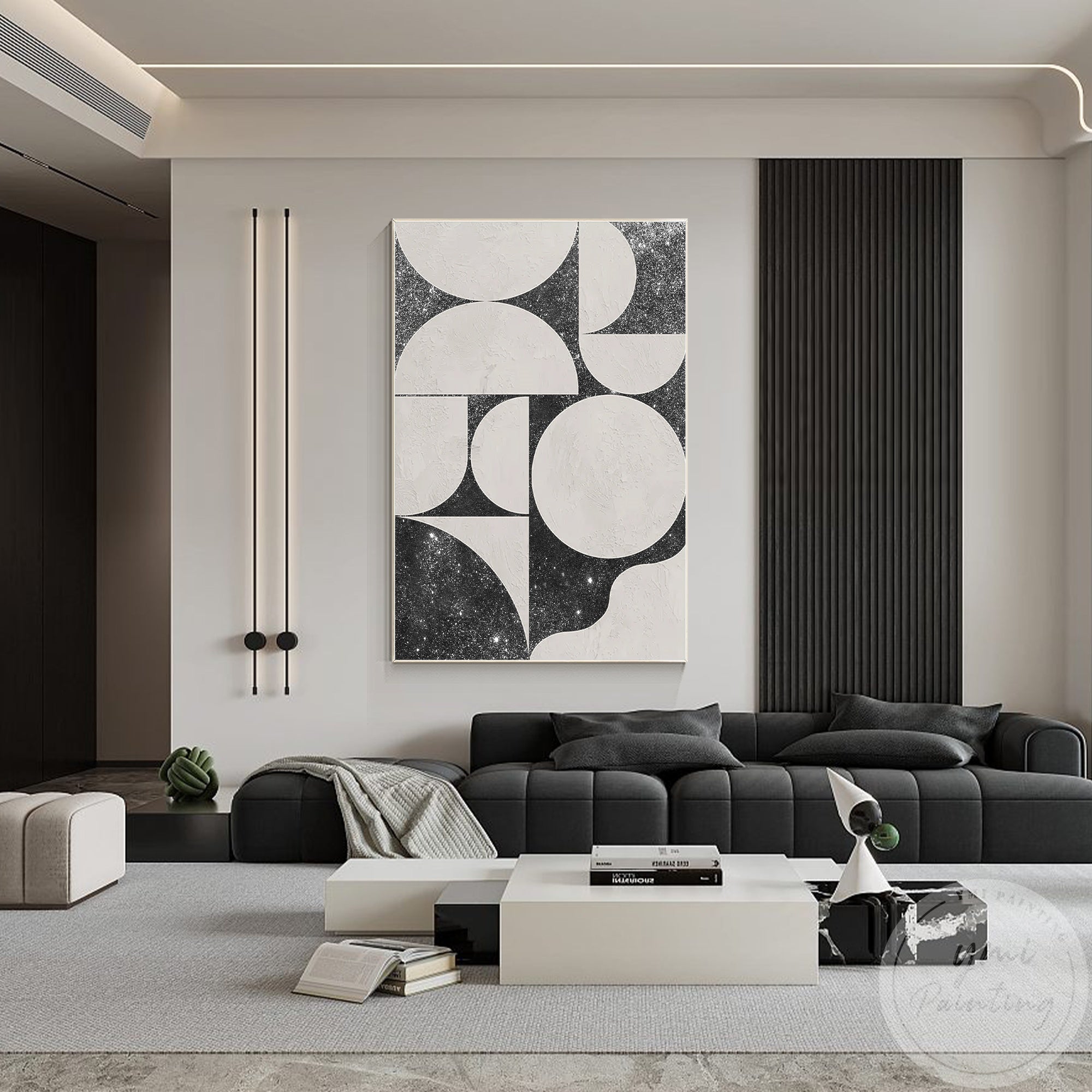 Geometric painting art with black, white, and glitter details for minimalist living room.