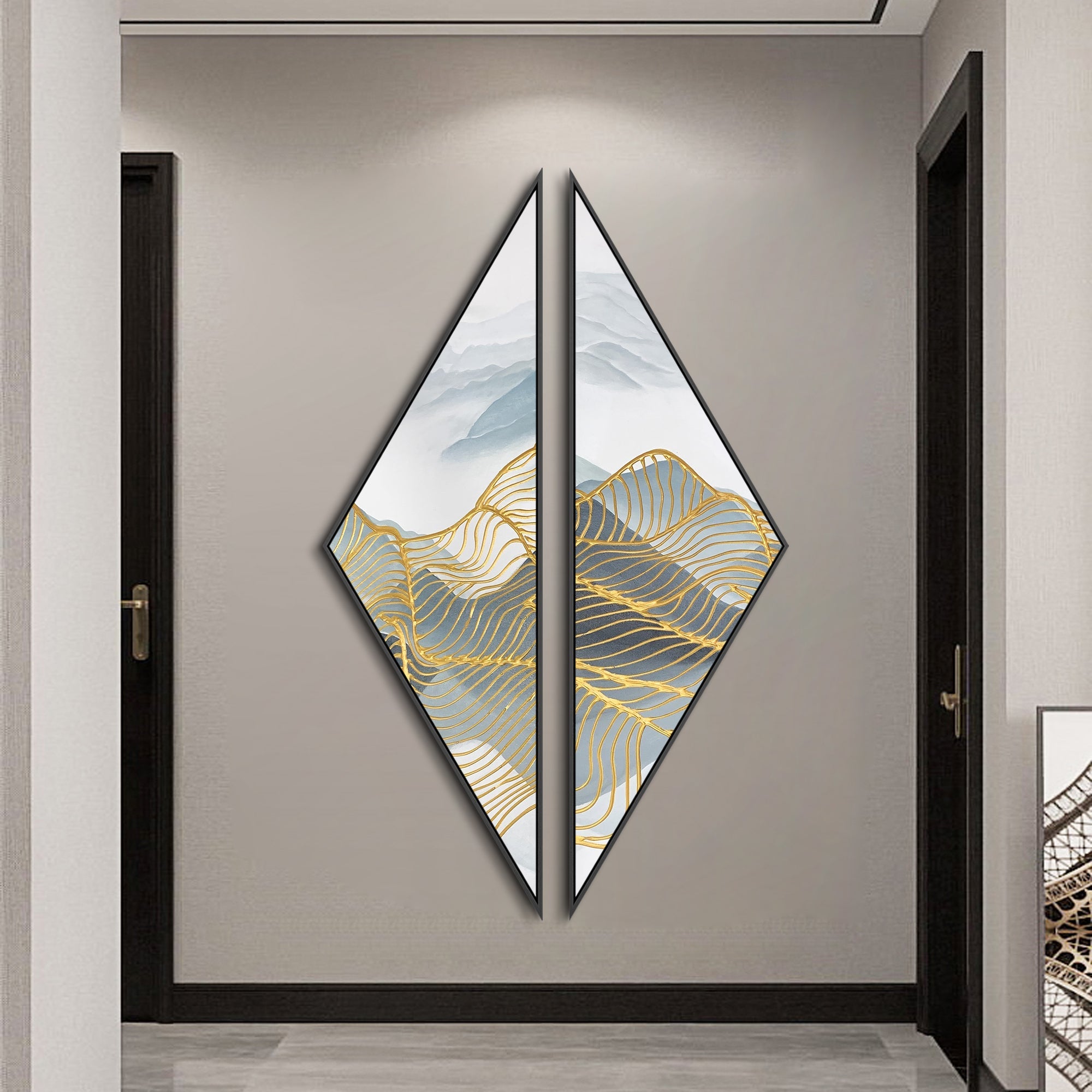 Geometric Abstract Painting with Gold Mountain Lines