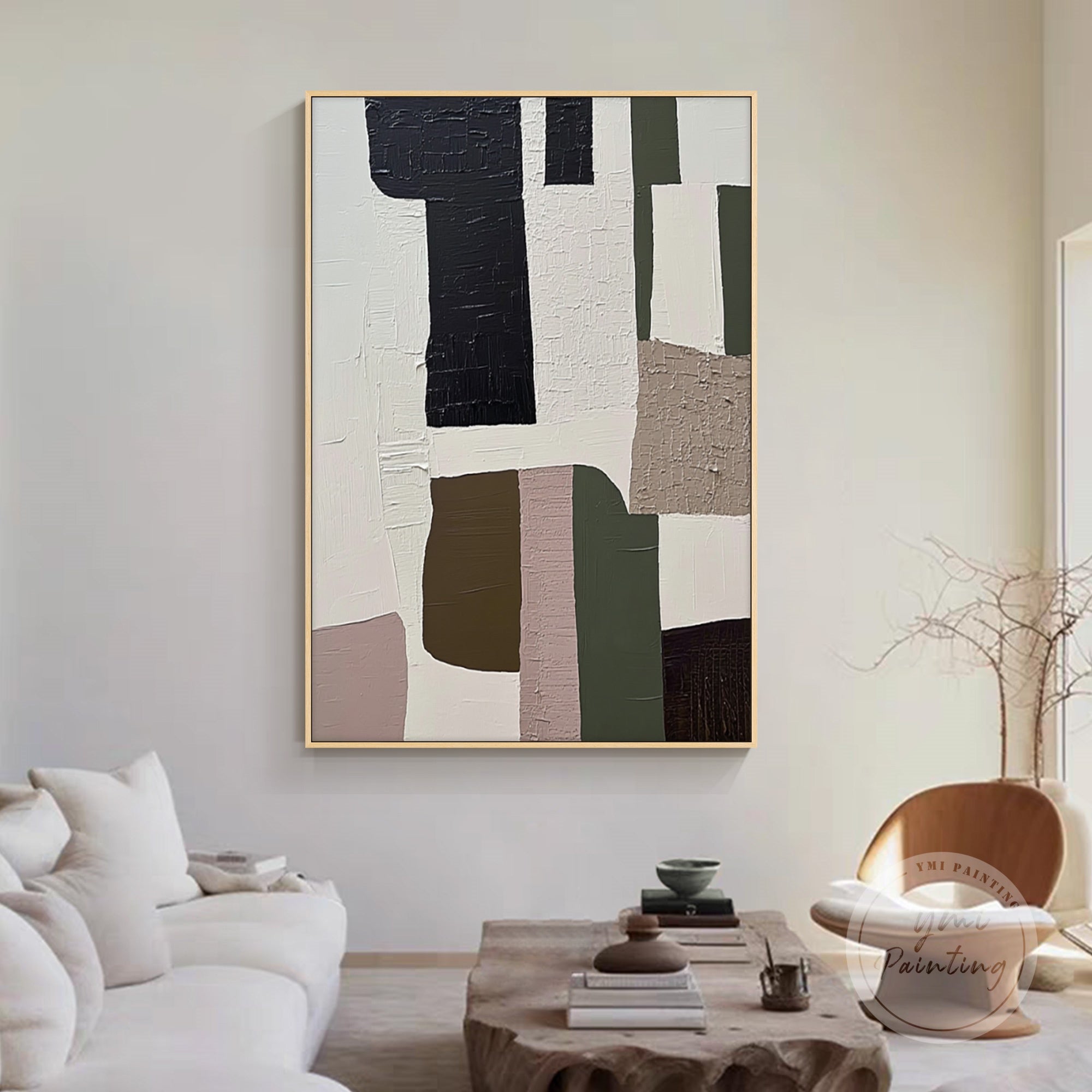 XLarge Handmade Geometric Painting with bold shapes and rich texture, perfect for modern luxury interiors.
