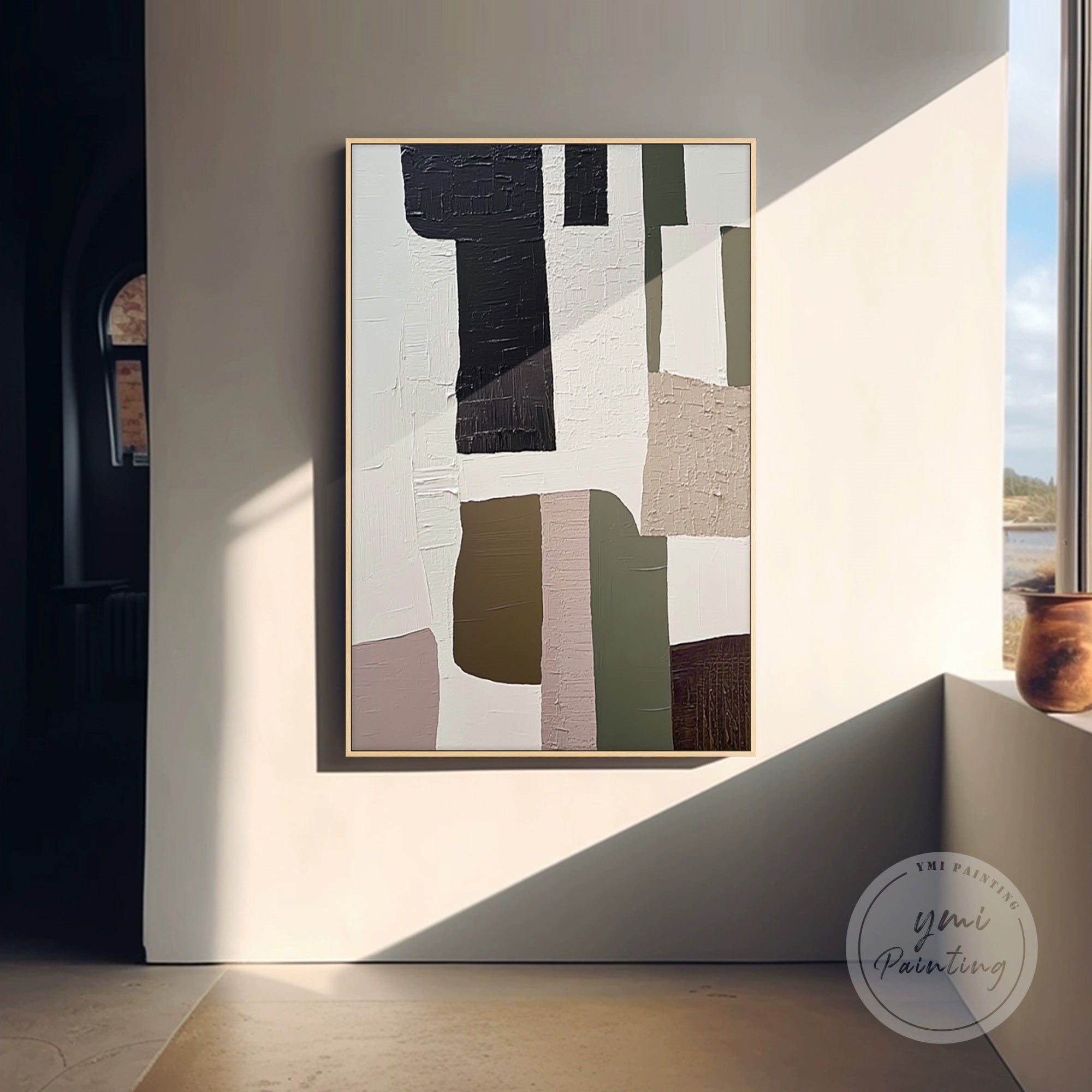 Abstract Geometric Wall Art in neutral tones with gold accents, combining modern design with artisanal craftsmanship.