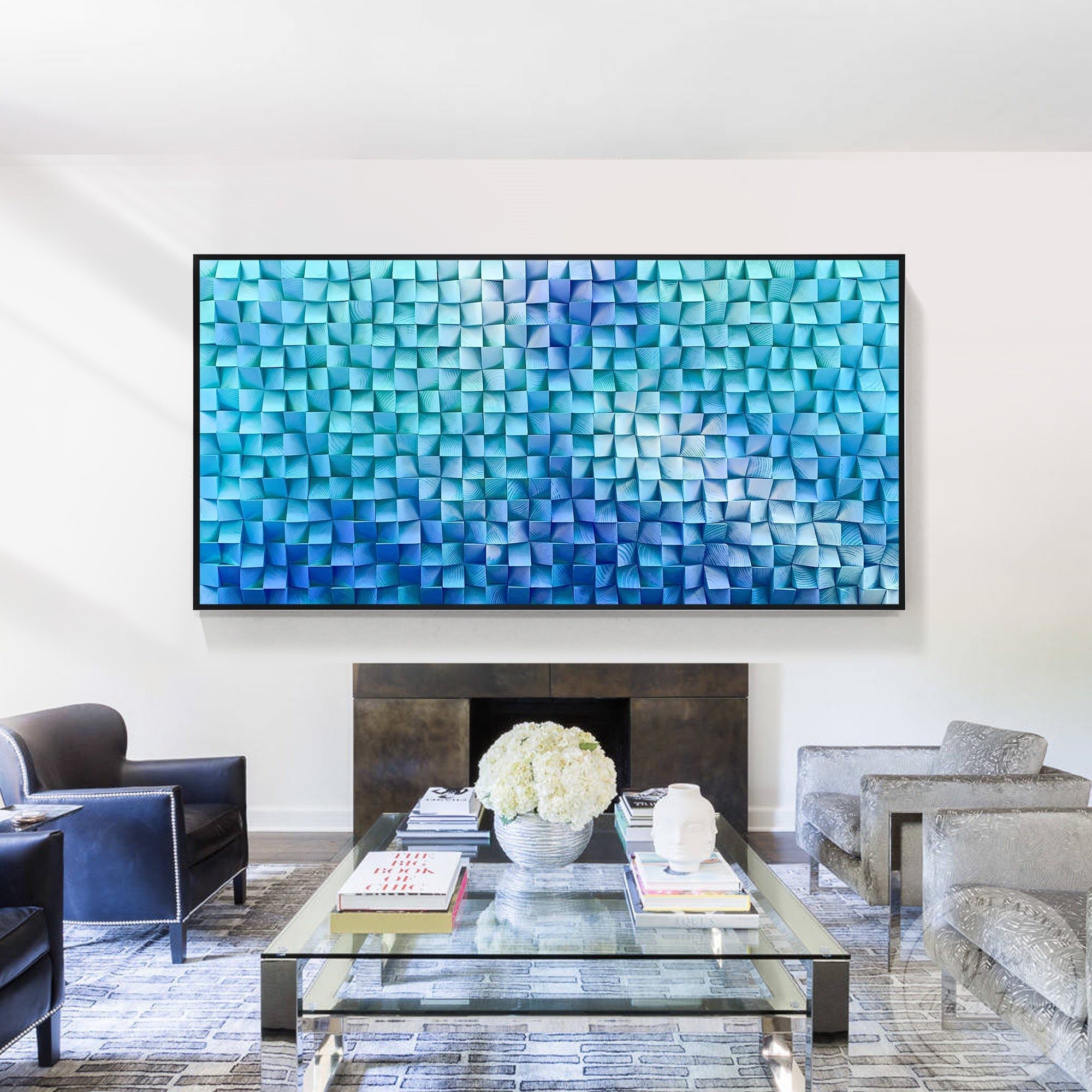 A modern abstract hanging painting of blue and teal squares with a gradient effect, creating a tranquil and dynamic focal point for minimalist home decor.