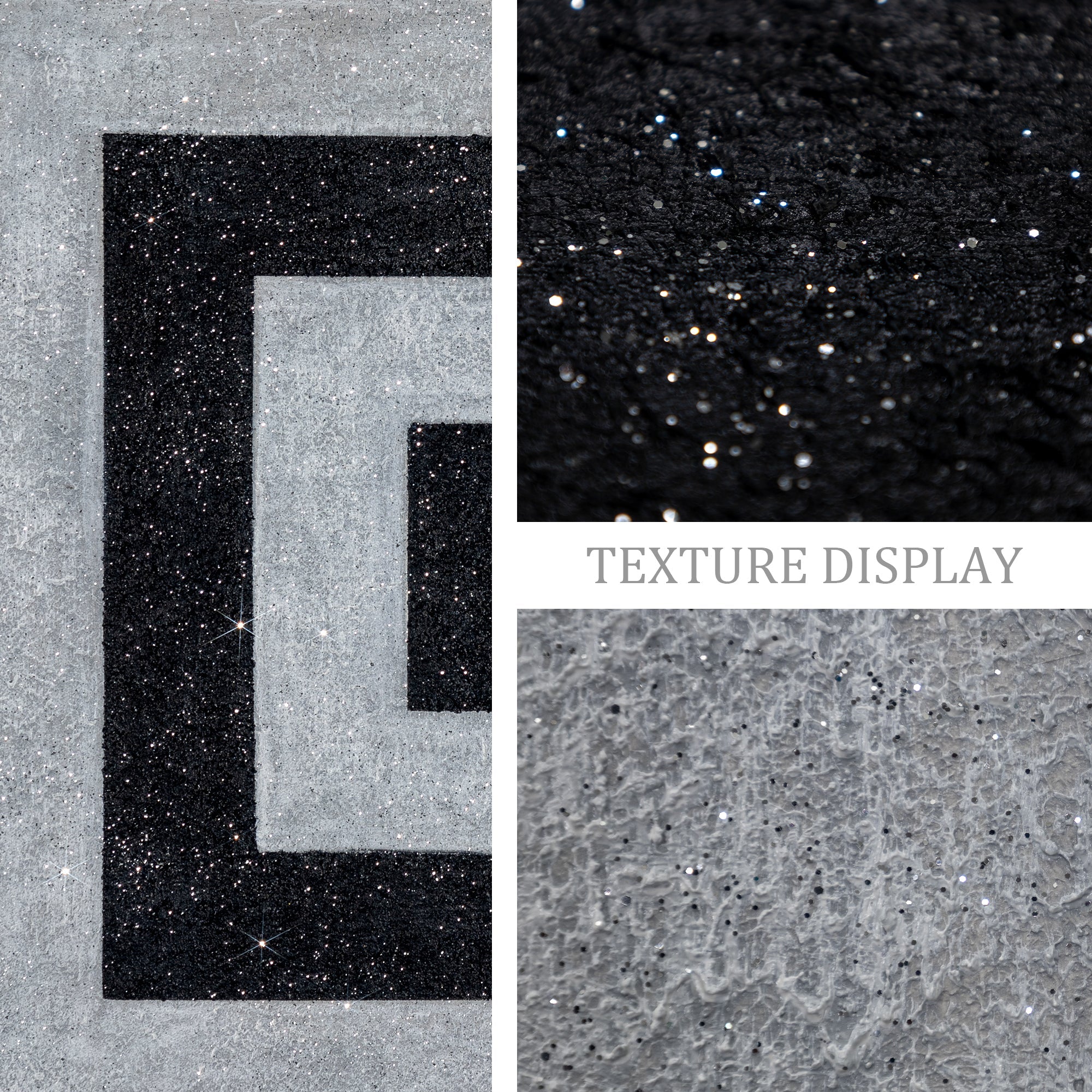 Close up detail of black gray square glitter artwork
