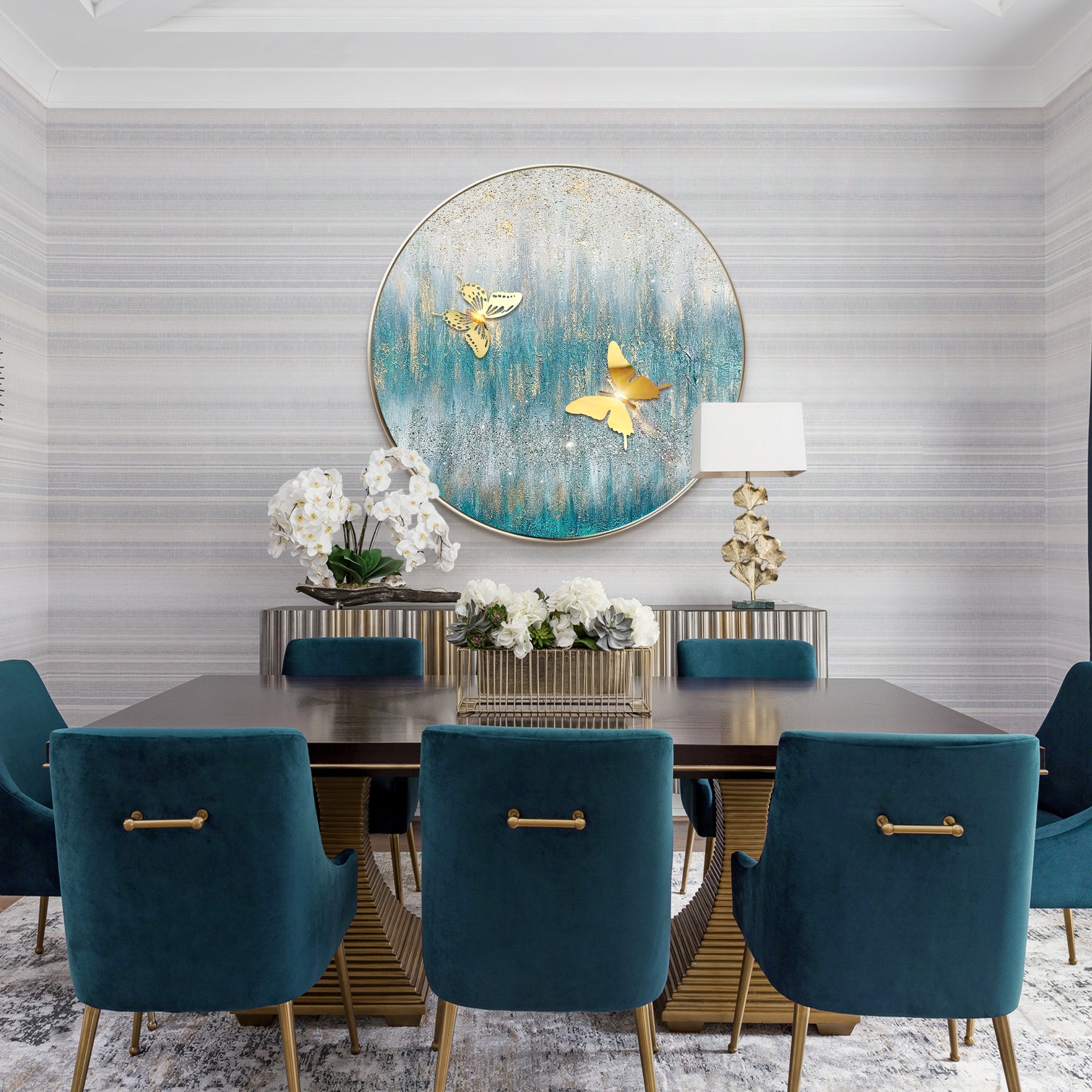 Circular glitter art featuring two metal butterflies on textured surface