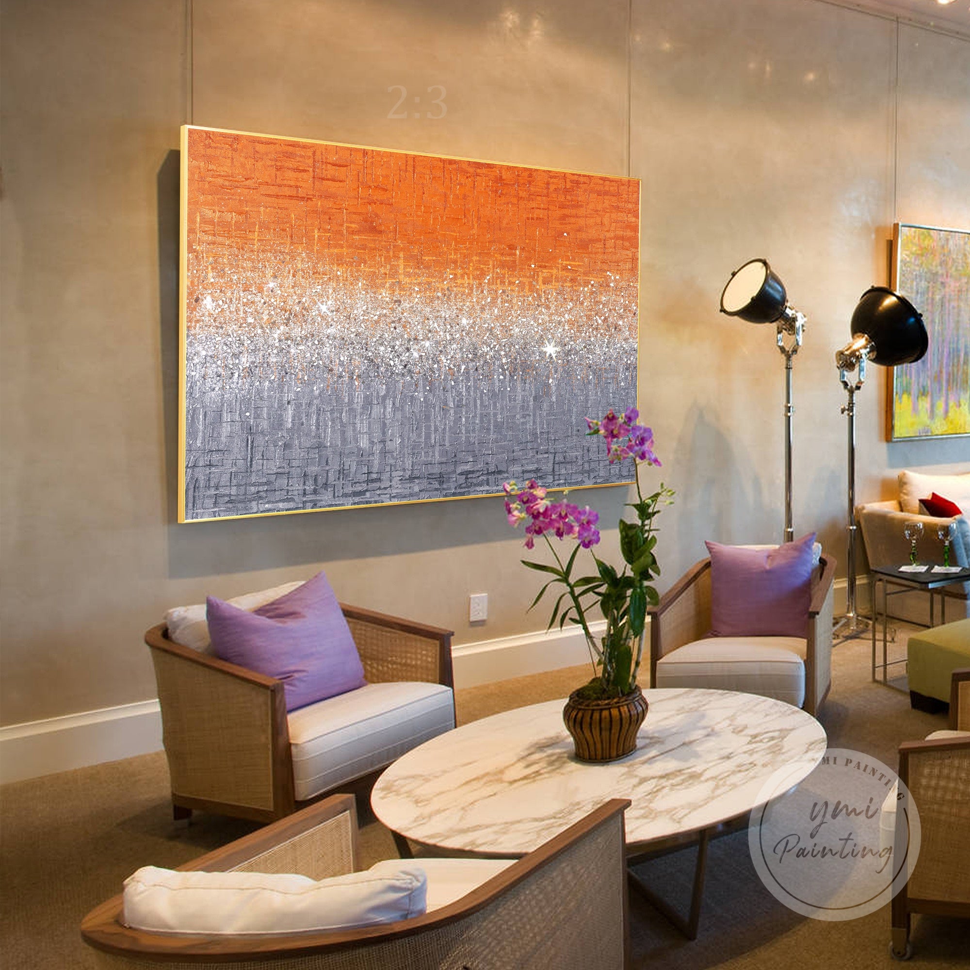 Unique orange glitter wall art with rich texture and vibrant sparkle, ideal for accent walls.