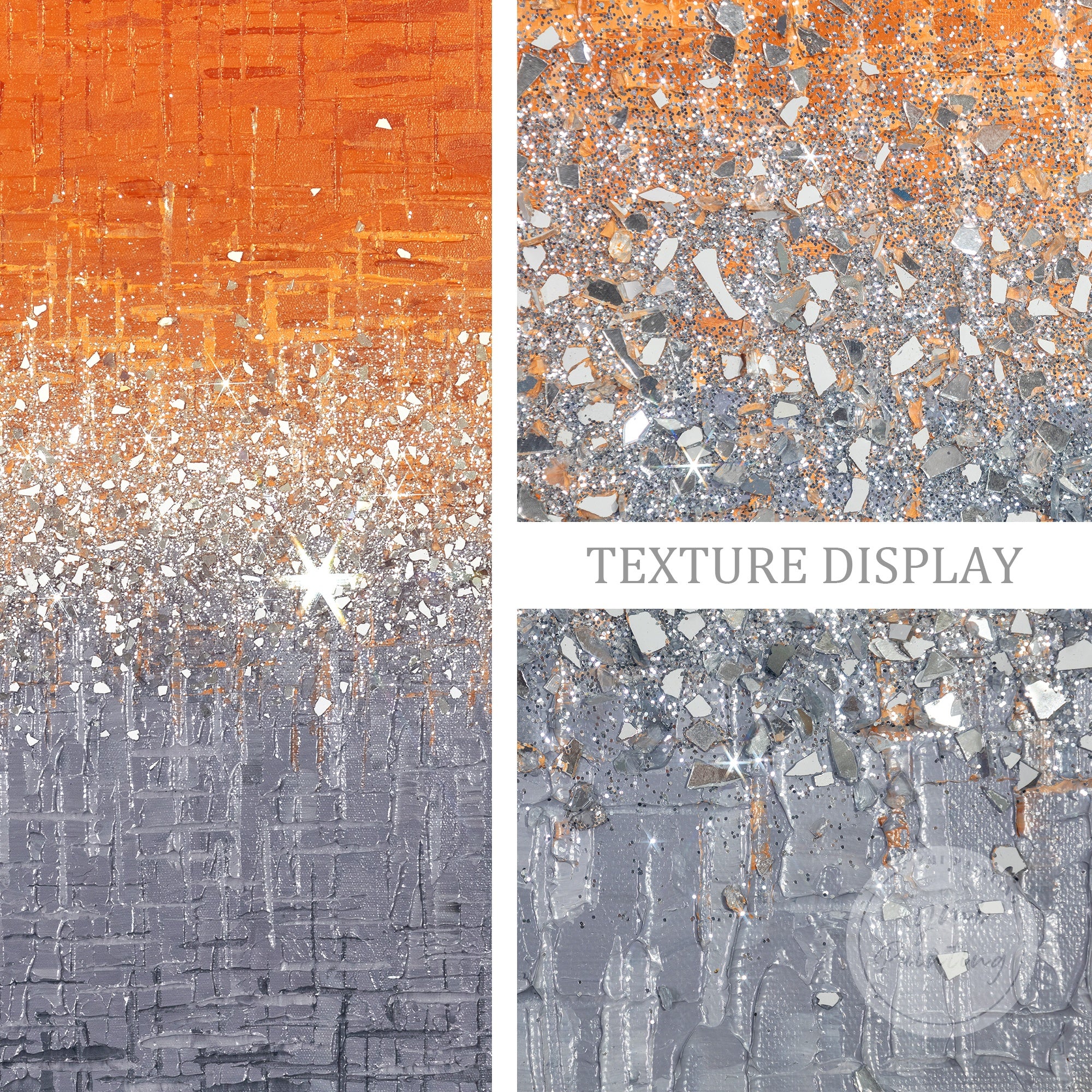 Handcrafted orange glitter painting featuring bold textures and luxurious shine.