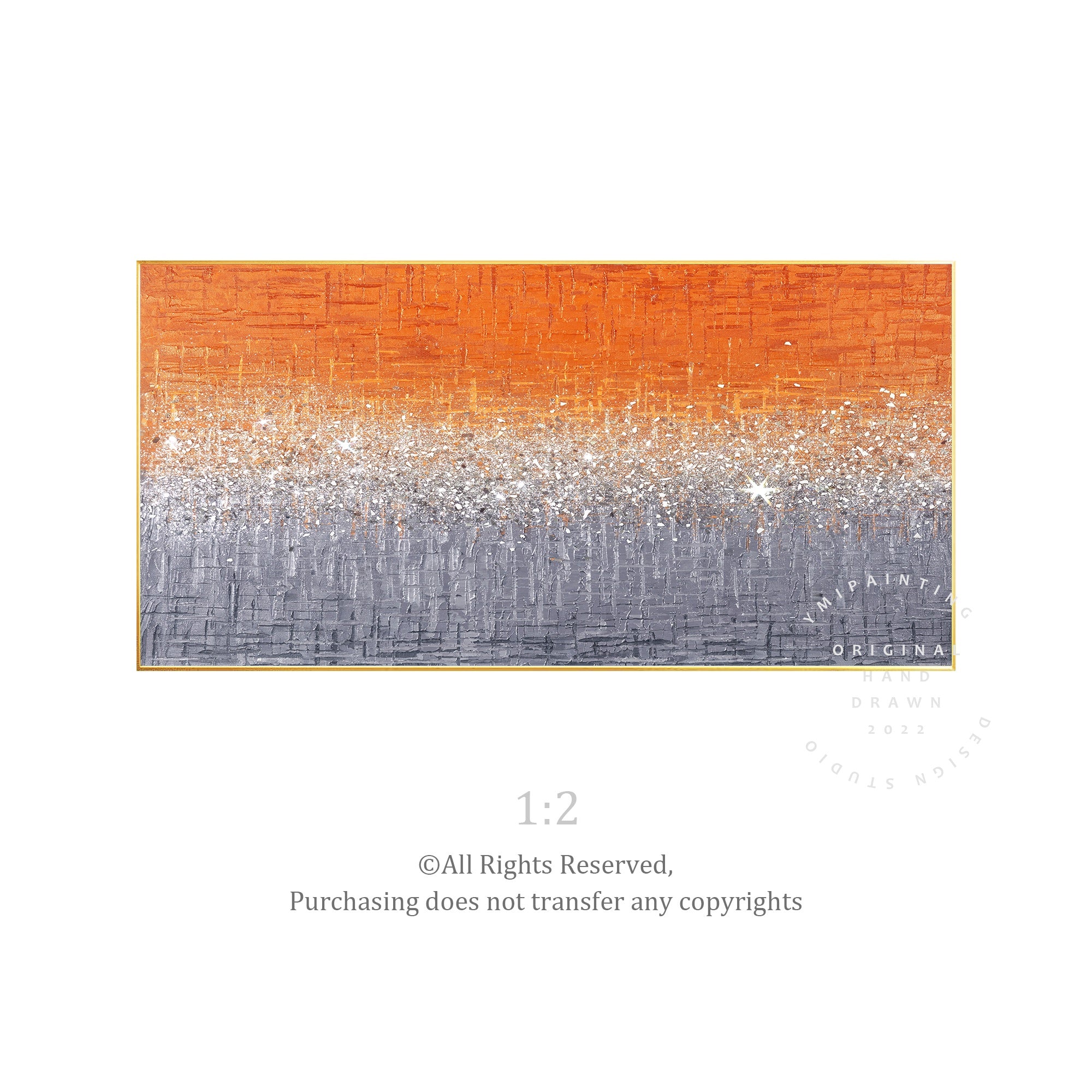 Horizontal orange glitter wall art with crushed glass and rich texture.