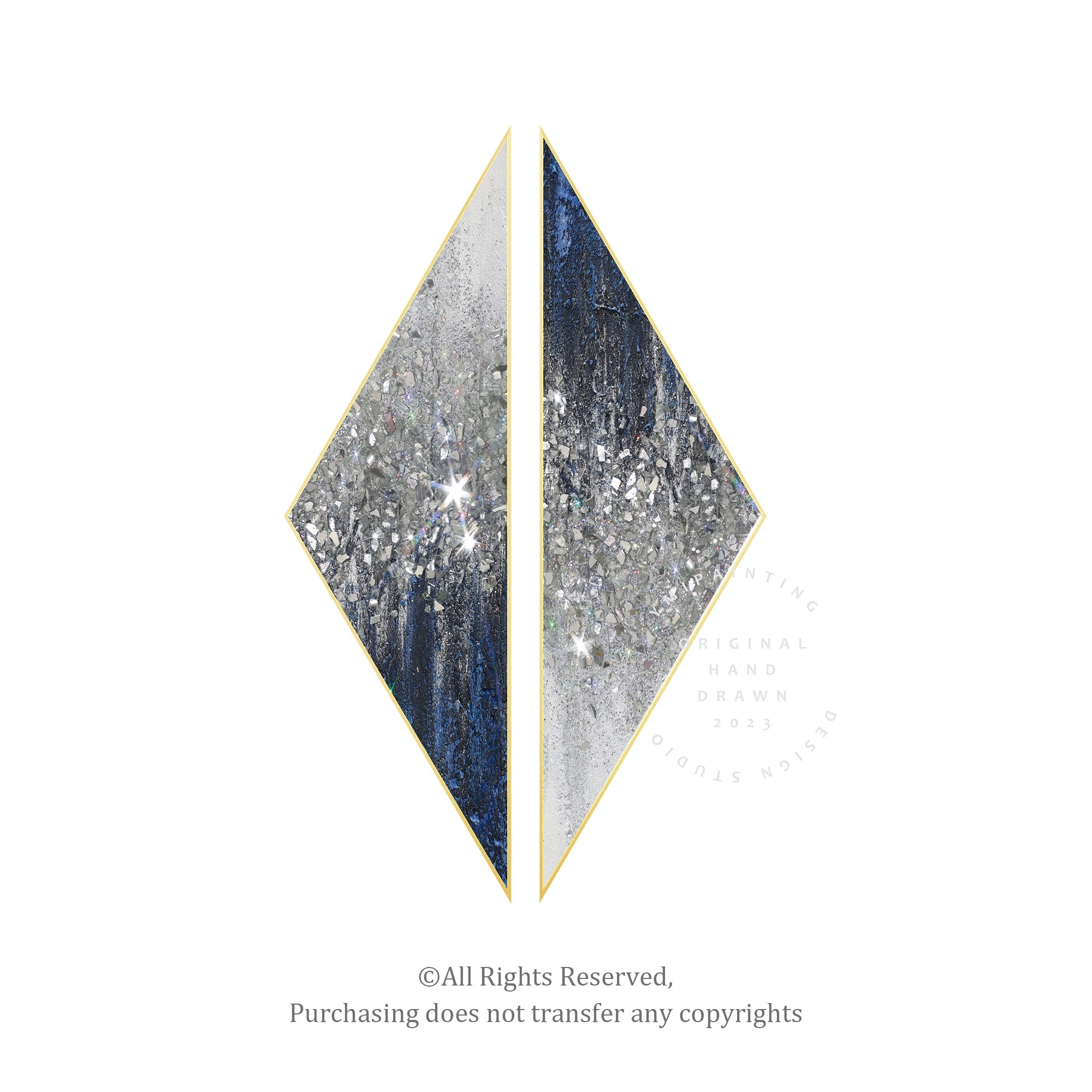 Set of 2 silver glitter triangle paintings with navy blue accents.