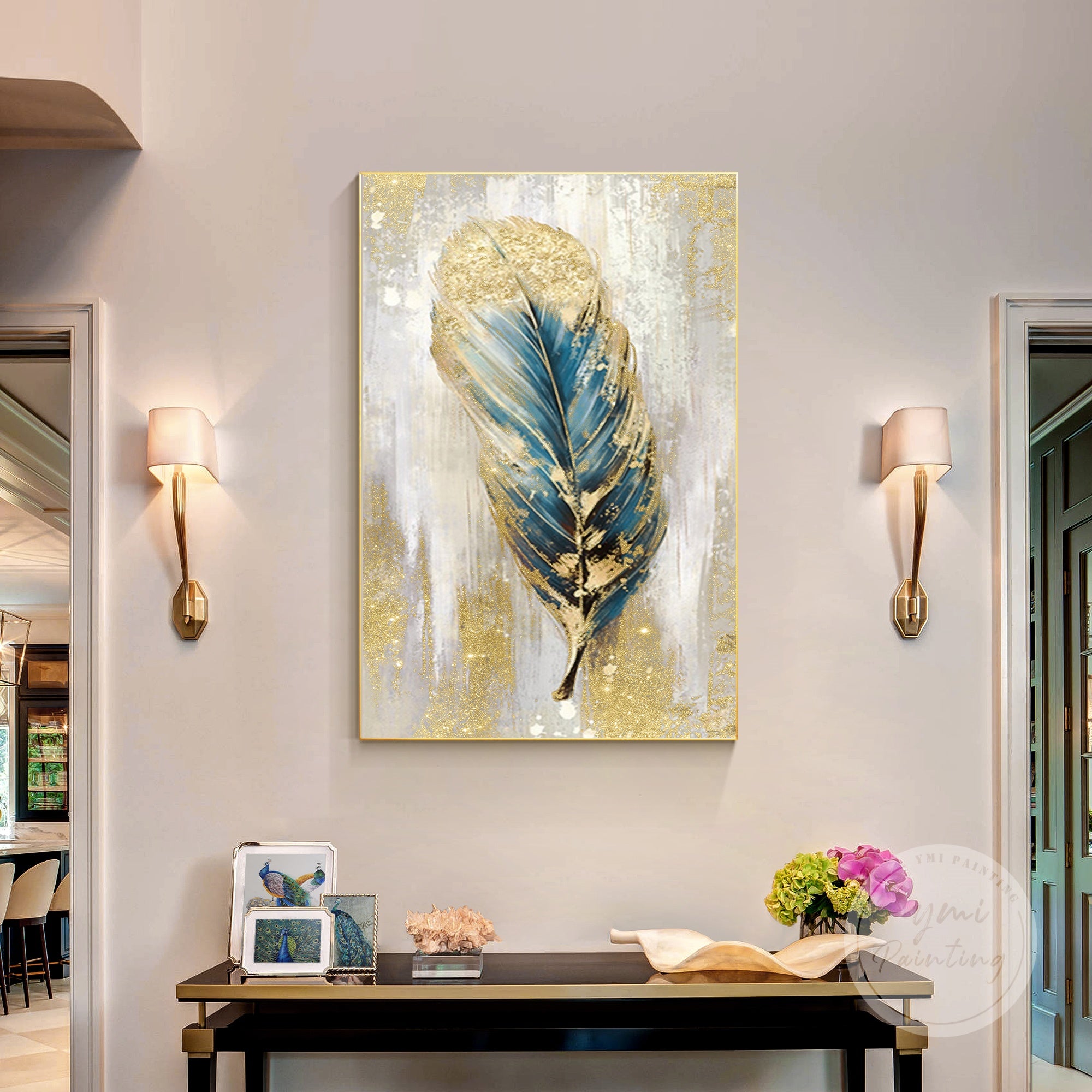 Gold glam wall decor with leaf motif, glitter shine, and acrylic textures for refined spaces.