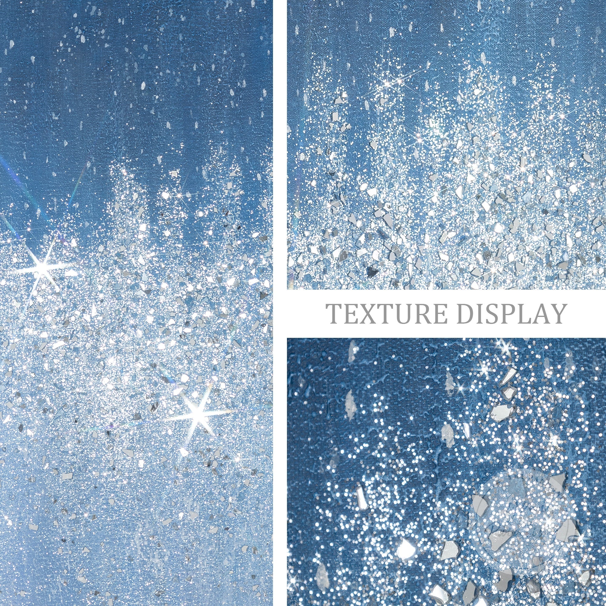 Glamorous silver glitter art with blue tones, perfect for sophisticated lounge or study room decor.