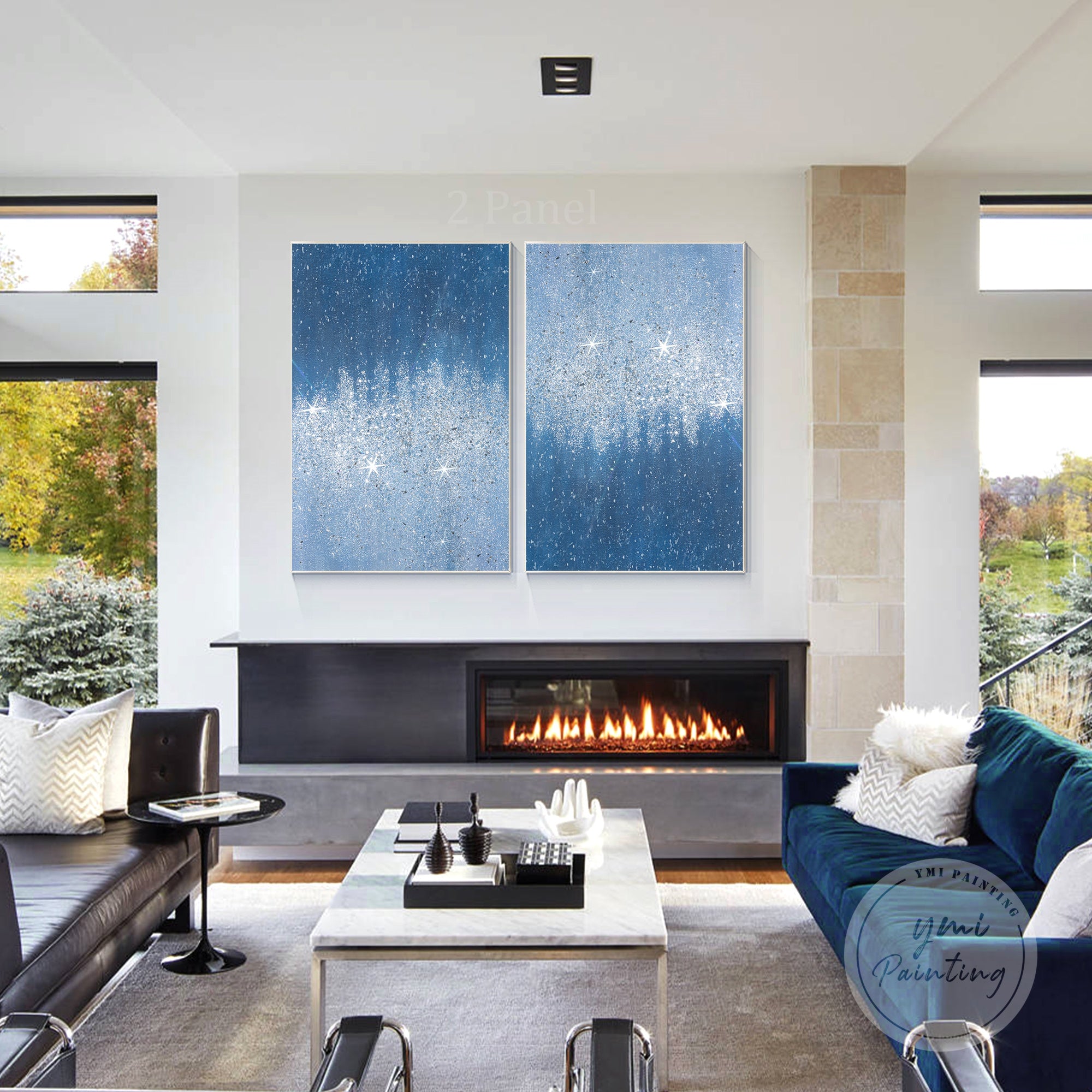 Elegant paired silver glitter canvases with shimmering crushed glass, adding refined glamour to any space.