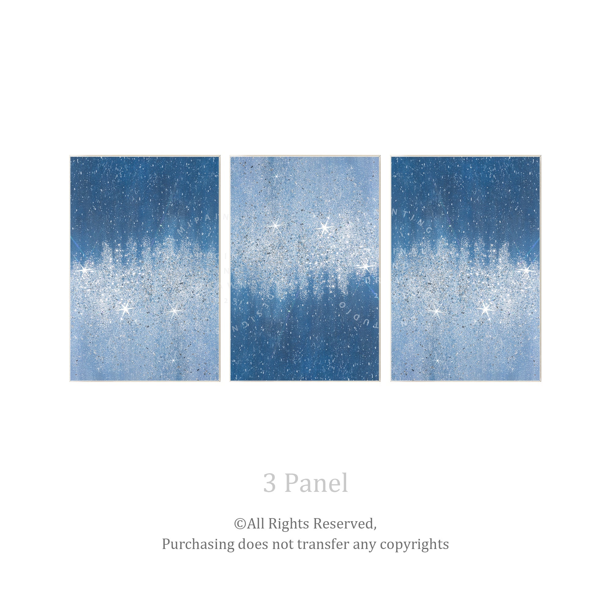 Elegant silver glitter triptych wall art with crushed glass, perfect for luxurious blue-themed home décor.