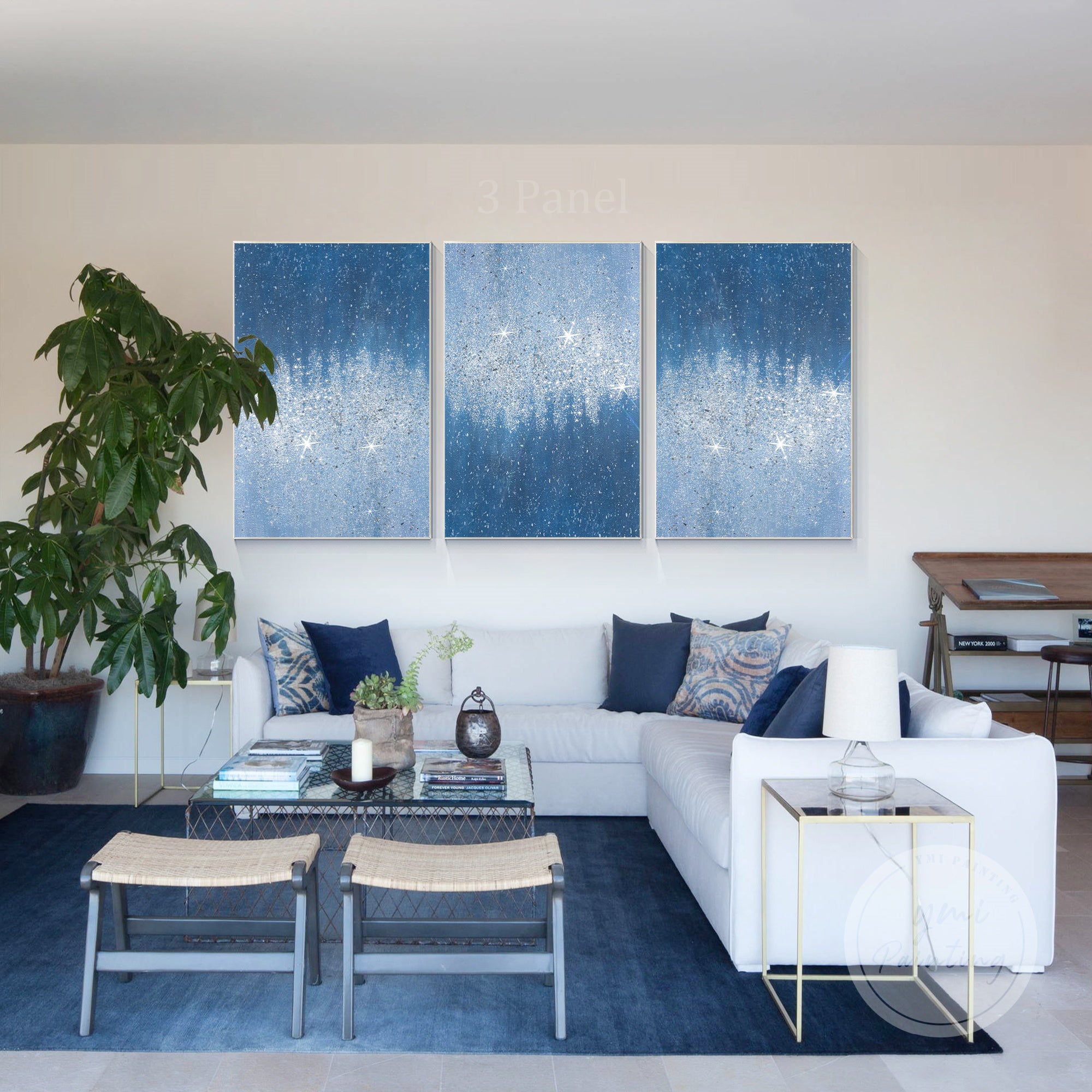 Modern blue and silver glitter three-piece canvas set featuring sparkling crushed glass textures for glam interiors.