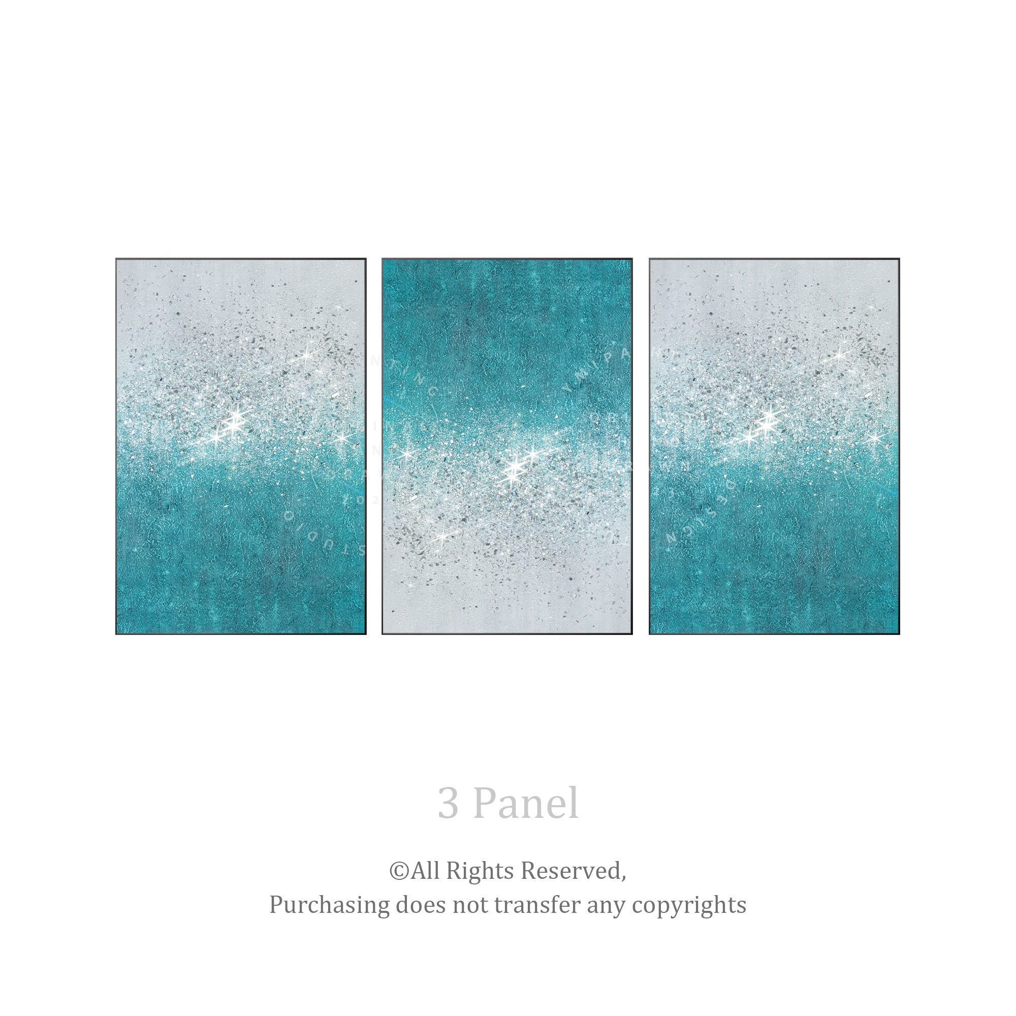 Original silver glitter set of 3 with crushed glass accents, teal blue tones, perfect for glamorous wall decor.