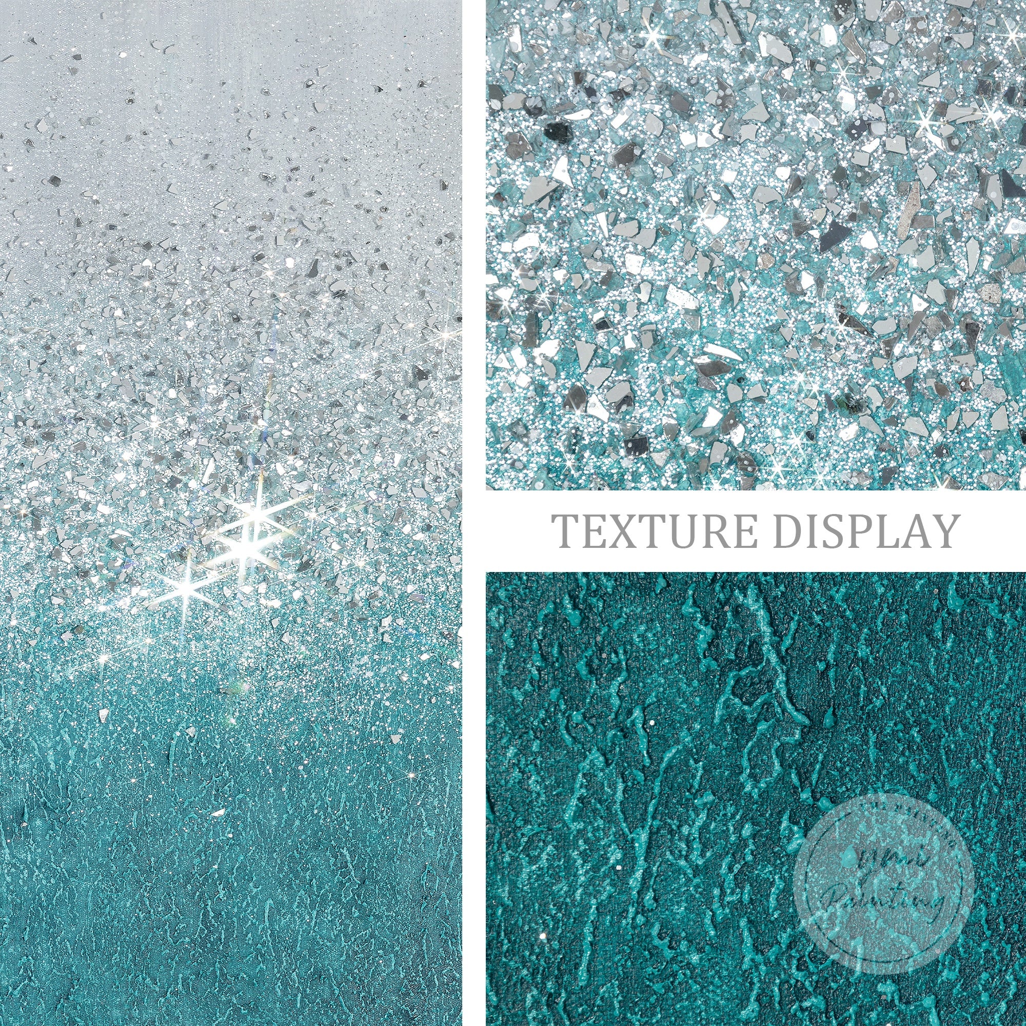 Handcrafted teal and silver glitter canvas art, ideal for elegant modern home decoration.