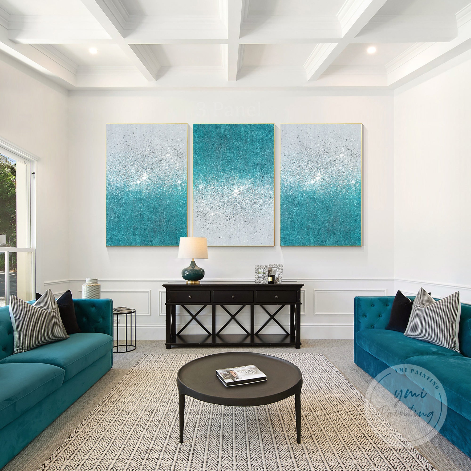 Large glam wall art set of three panels, combining silver glitter and teal hues with sparkling crushed glass.