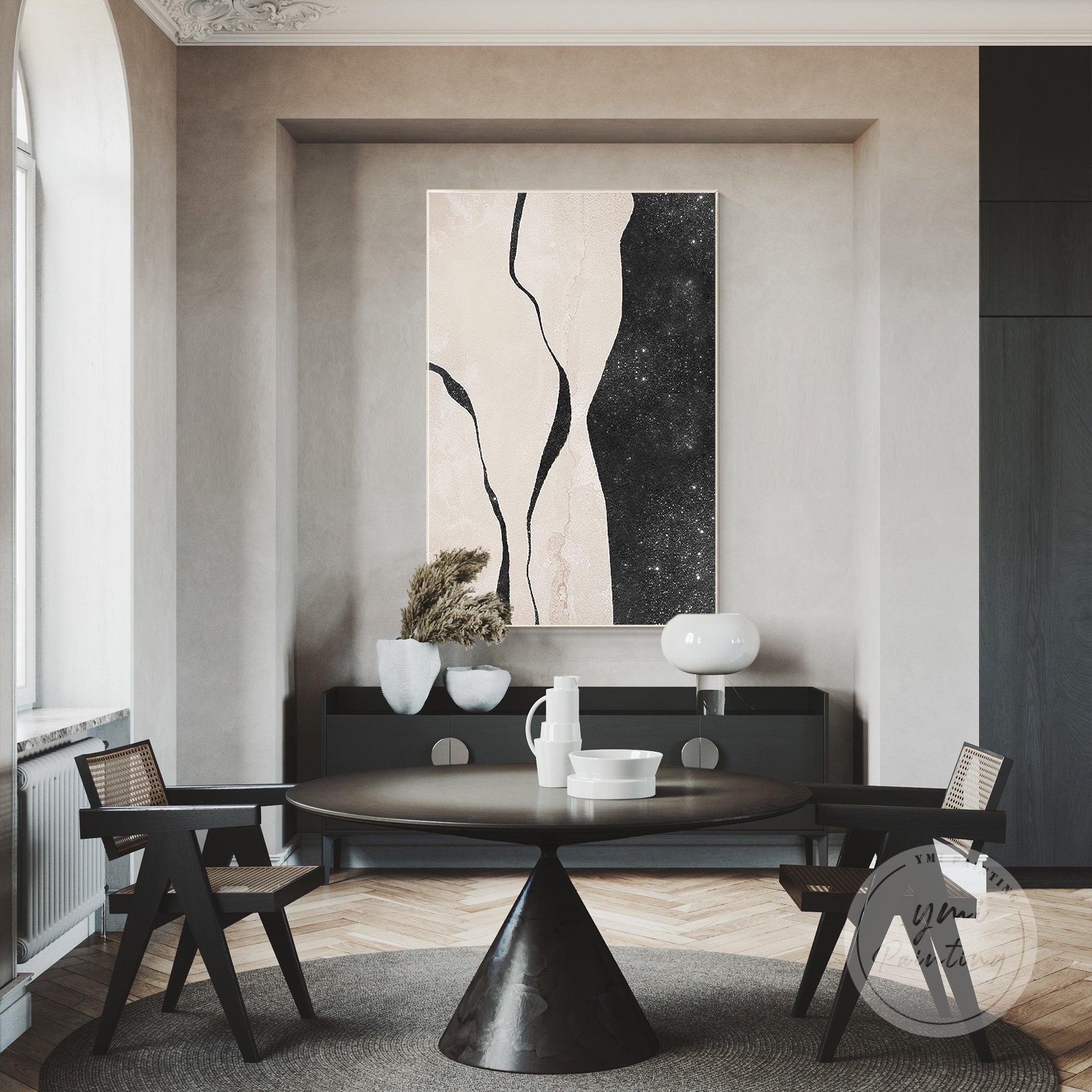 Original silver glitter canvas with feminine outline, large format wall décor for luxury homes.