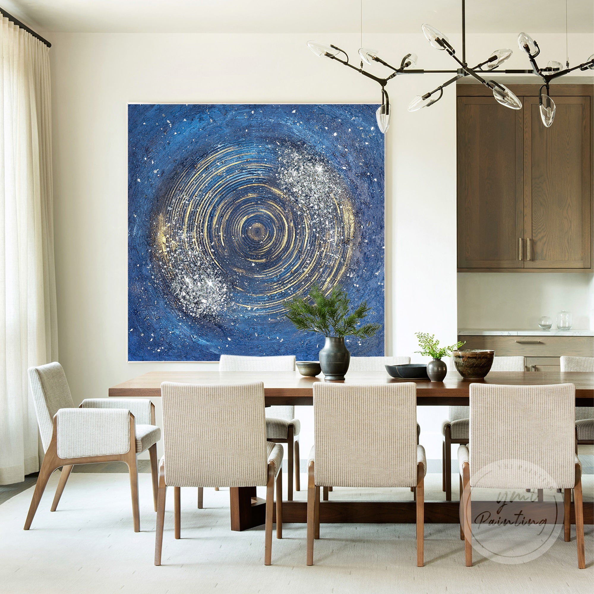 Starry silver glitter wall art with crushed glass detail, modern vibe.