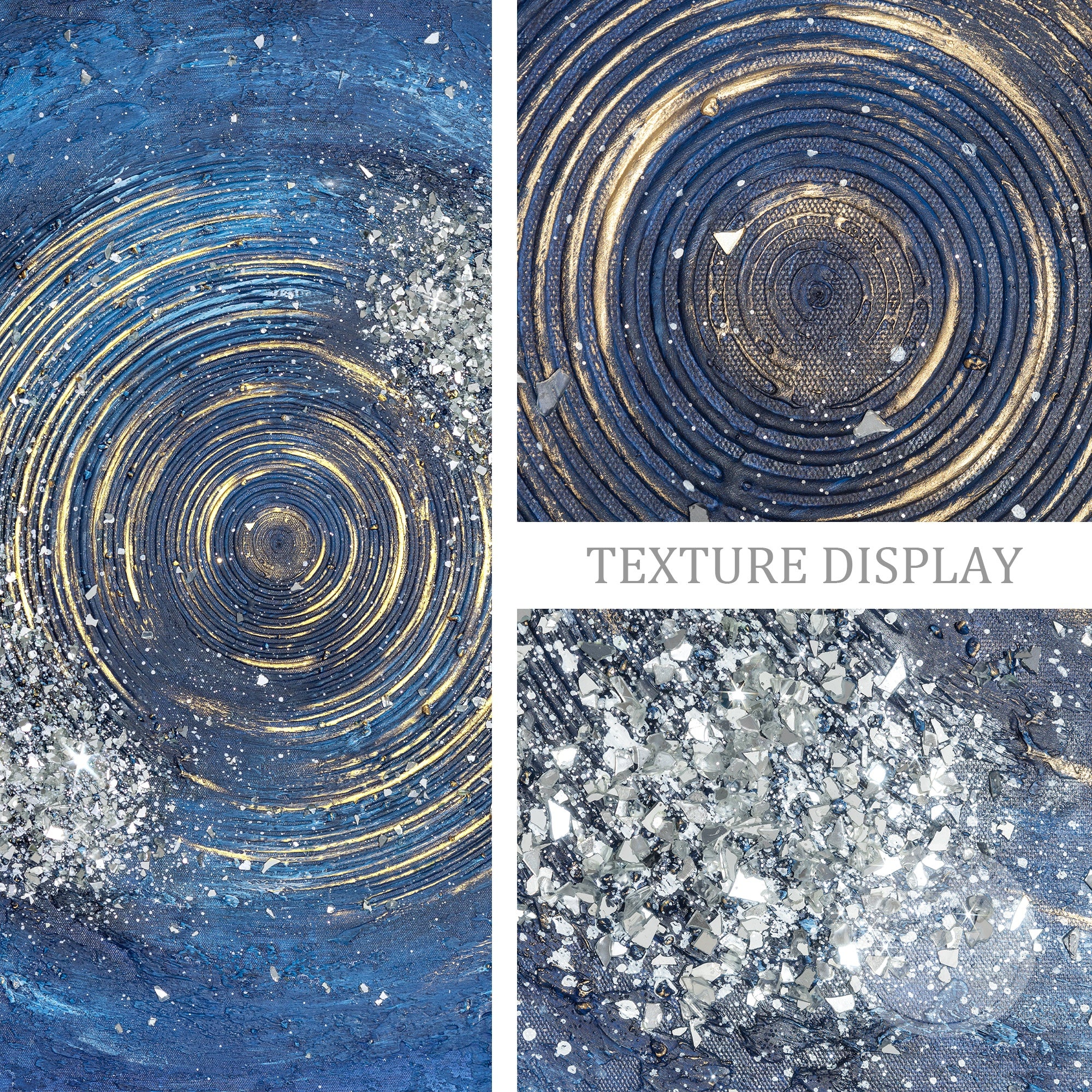 Elegant abstract blue canvas with glitter accents, framed for easy hanging.