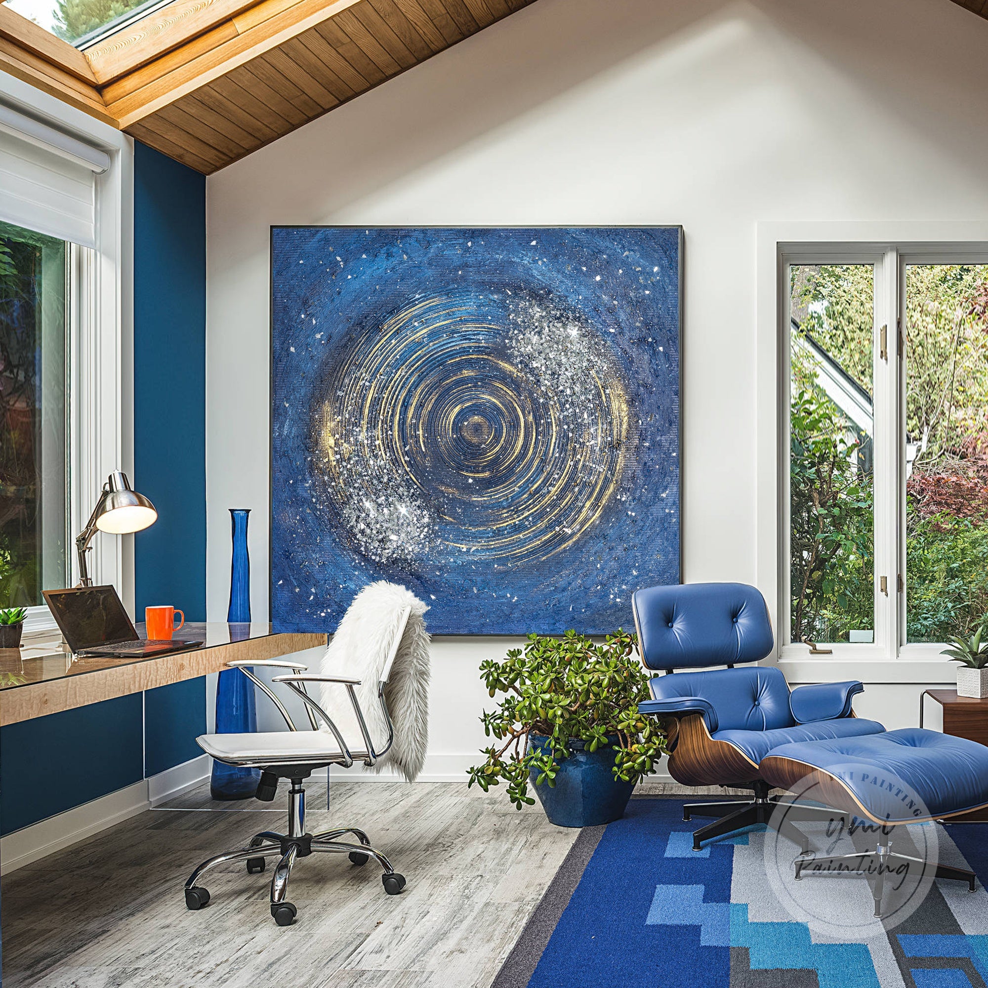 Crushed glass and glitter texture on a blue canvas, shimmering in light.