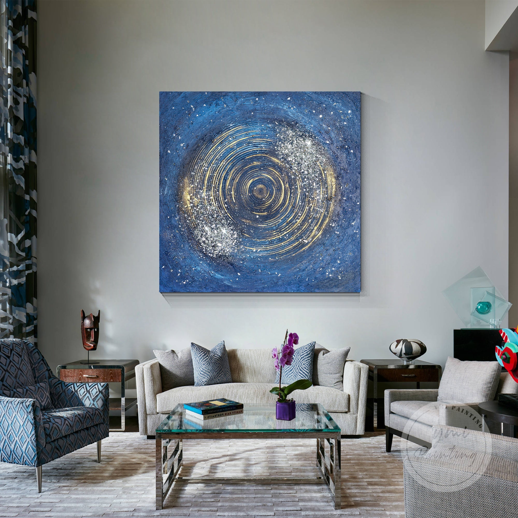 Minimalist glitter painting in blue and silver, perfect for luxury spaces.