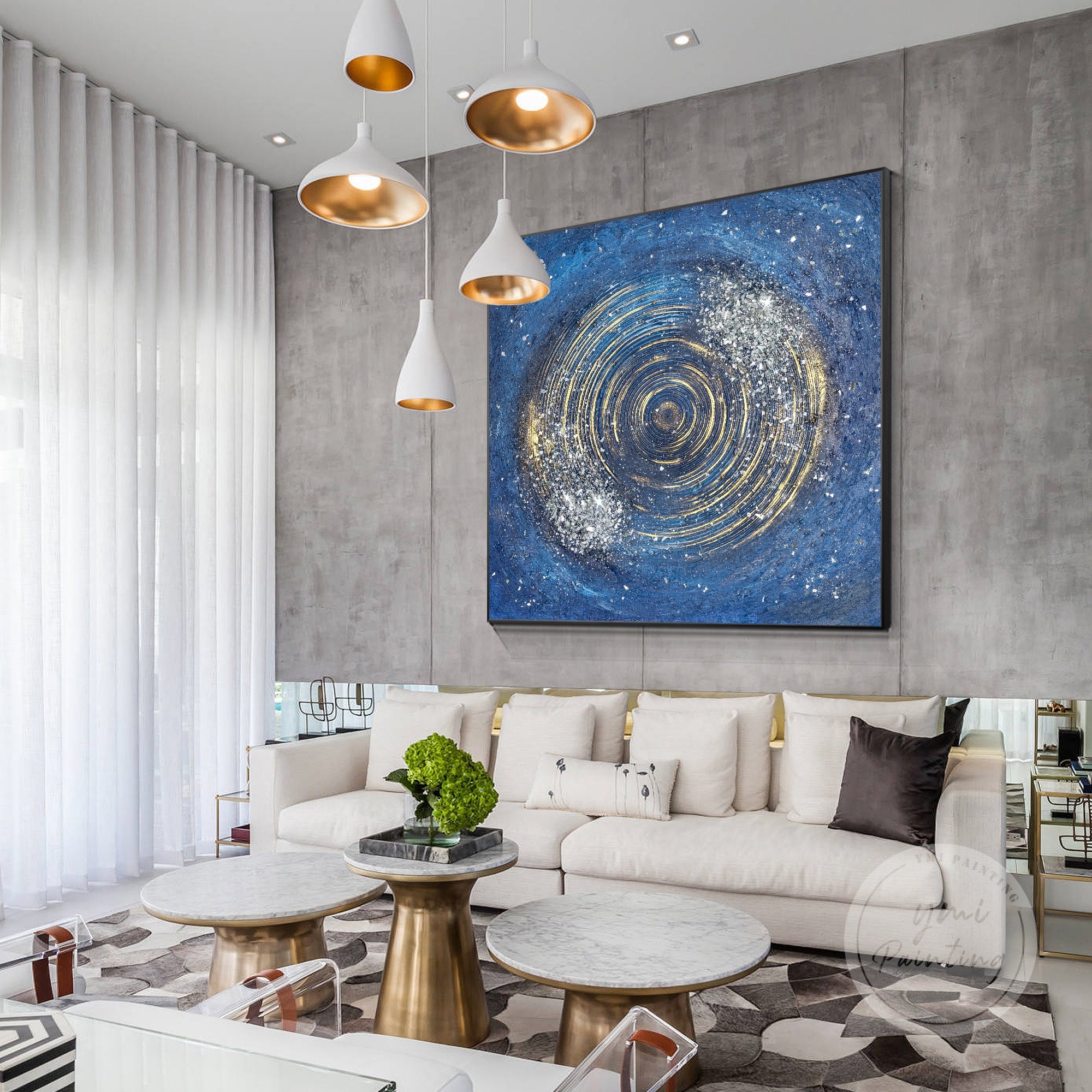 Blue sparkle wall art with subtle crushed glass texture and metallic sheen.