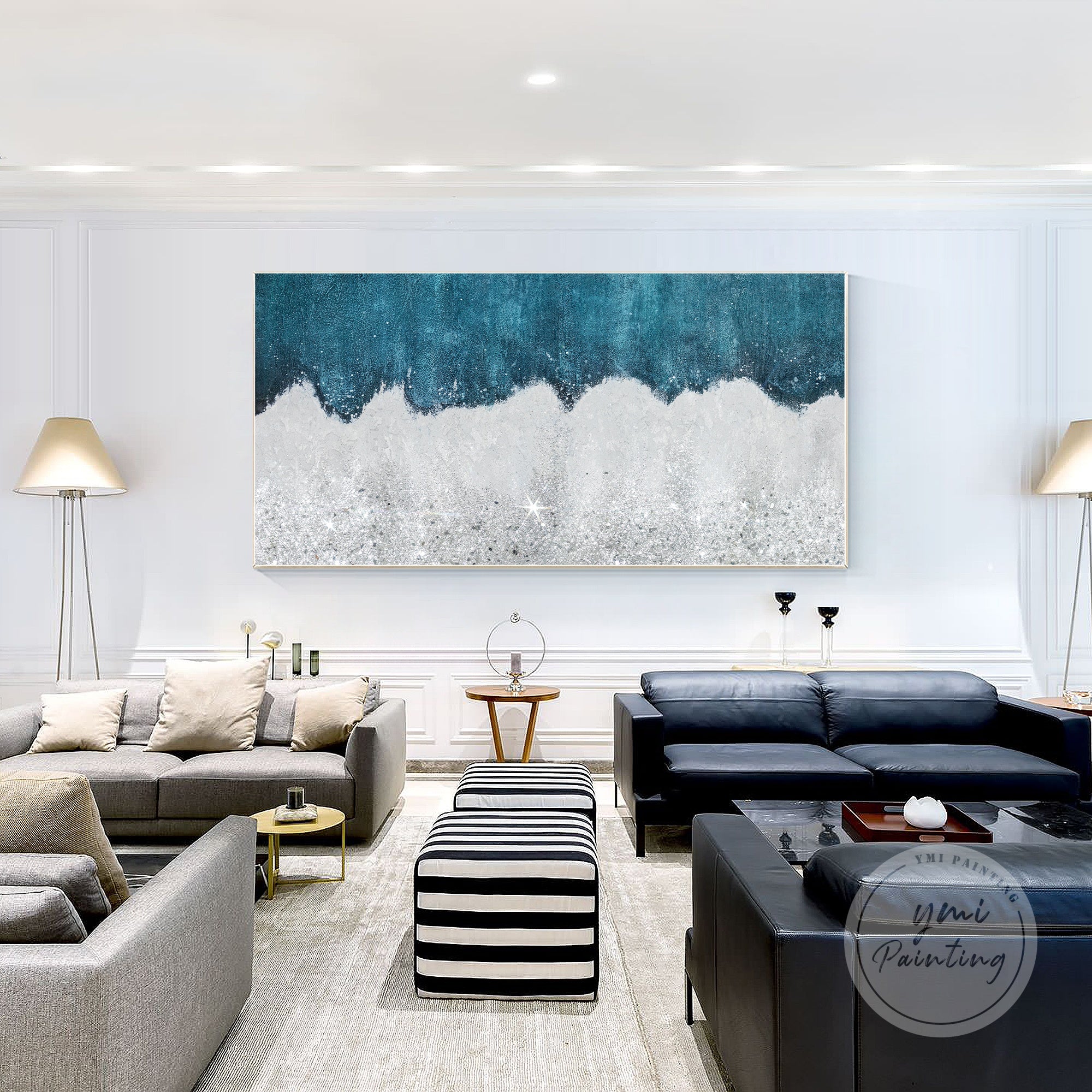 Shimmering blue and silver wall art, featuring crushed glass and sparkly details.