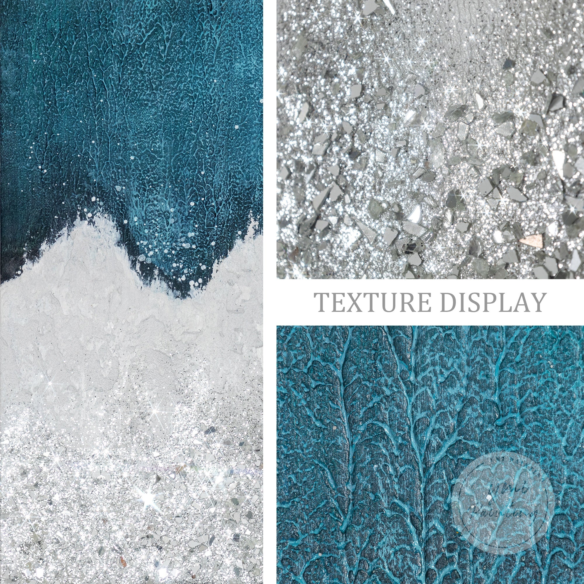 Abstract glitter art in blue and silver tones, perfect for modern glam interiors.